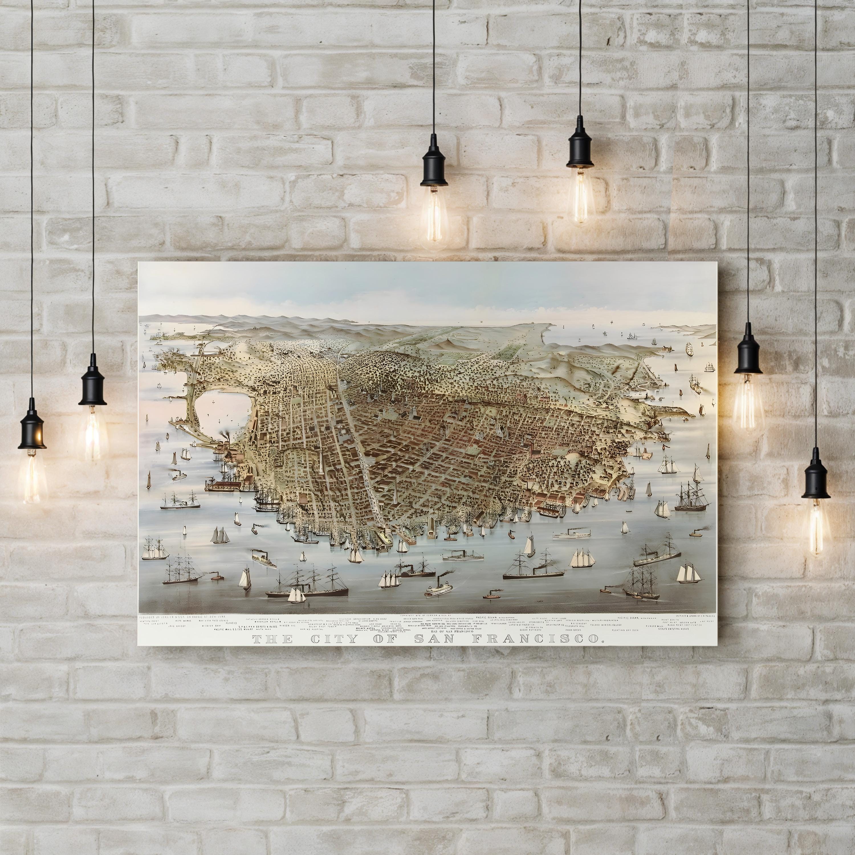 San Francisco Bird’s-Eye View – Period Illustration Wall Art | 19th-Century Cityscape Canvas Print