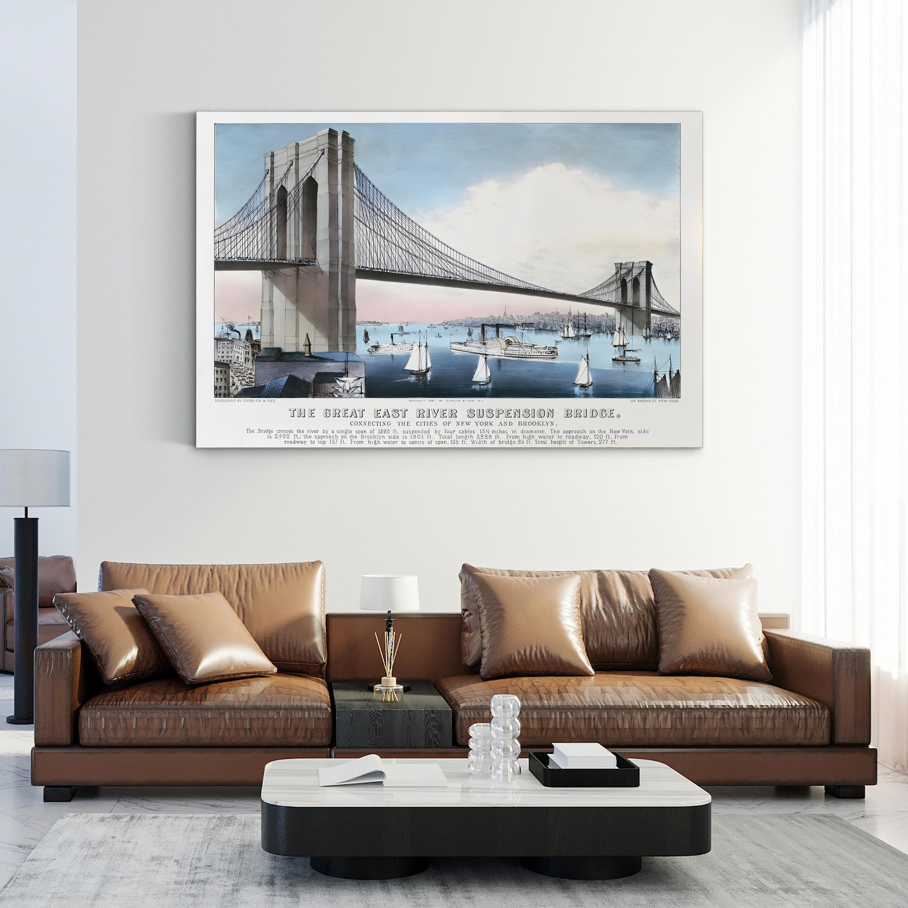 The Great East River Suspension Bridge Connecting the Cities of New York and Brooklyn Wall Art by Currier and Ives – Vintage American Architectural Print