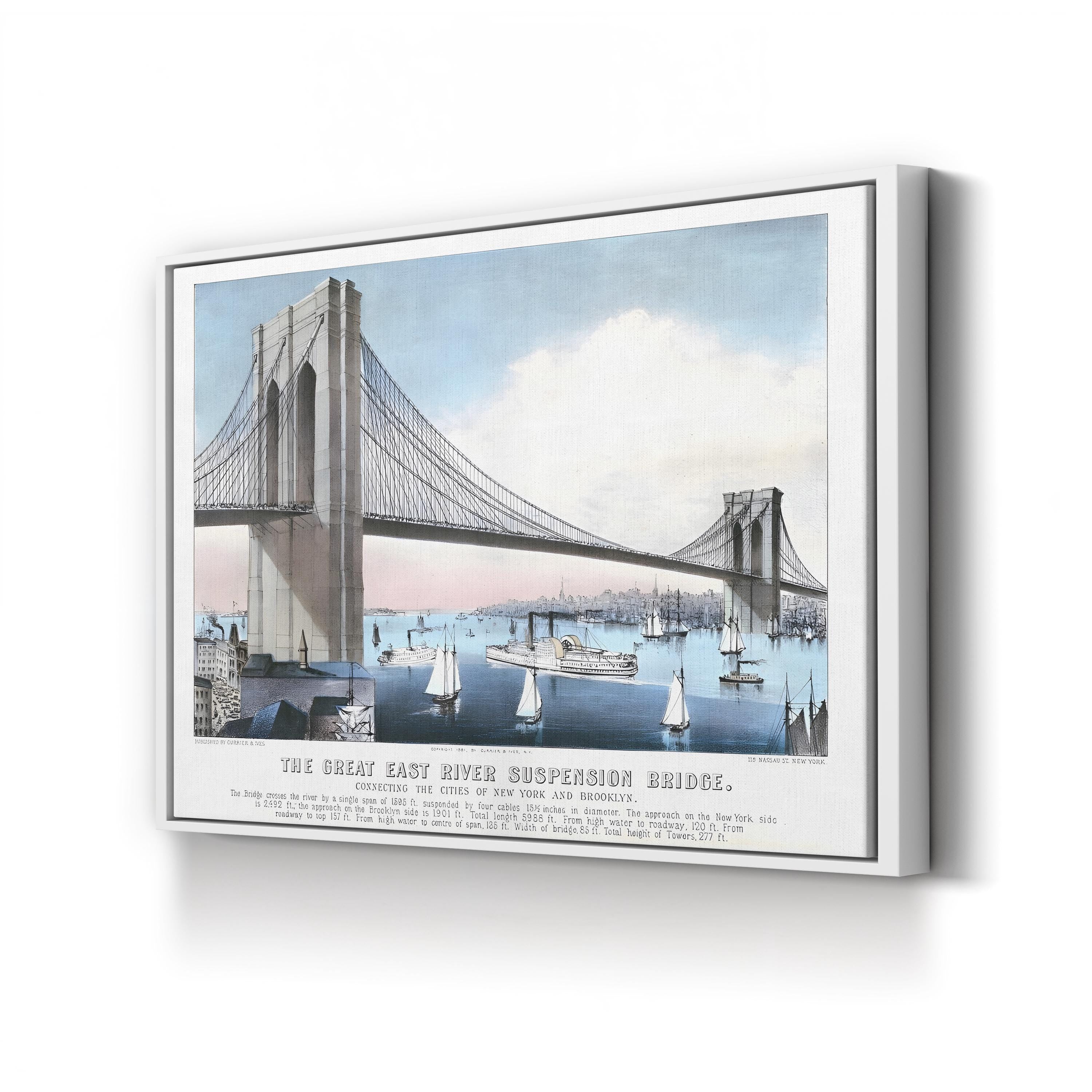 The Great East River Suspension Bridge Connecting the Cities of New York and Brooklyn Wall Art by Currier and Ives – Vintage American Architectural Print