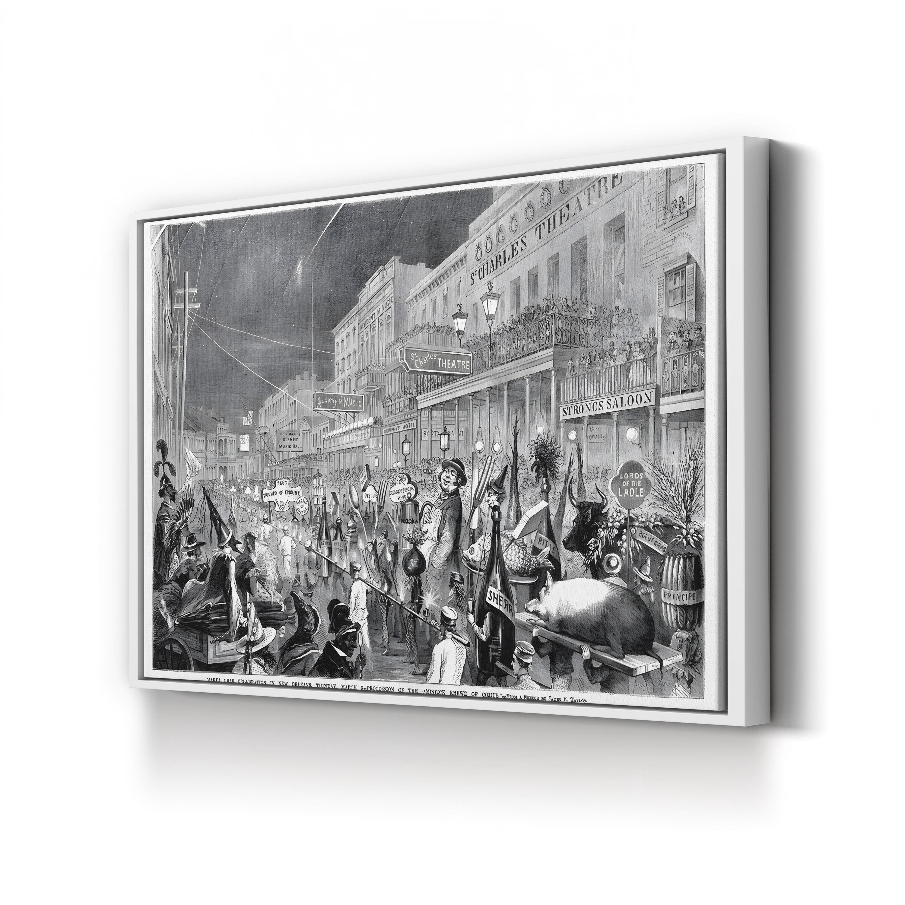 The Mardi Gras Parade in New Orleans, 1867 Wall Art by James E. Taylor – Vintage Historical Illustration Canvas