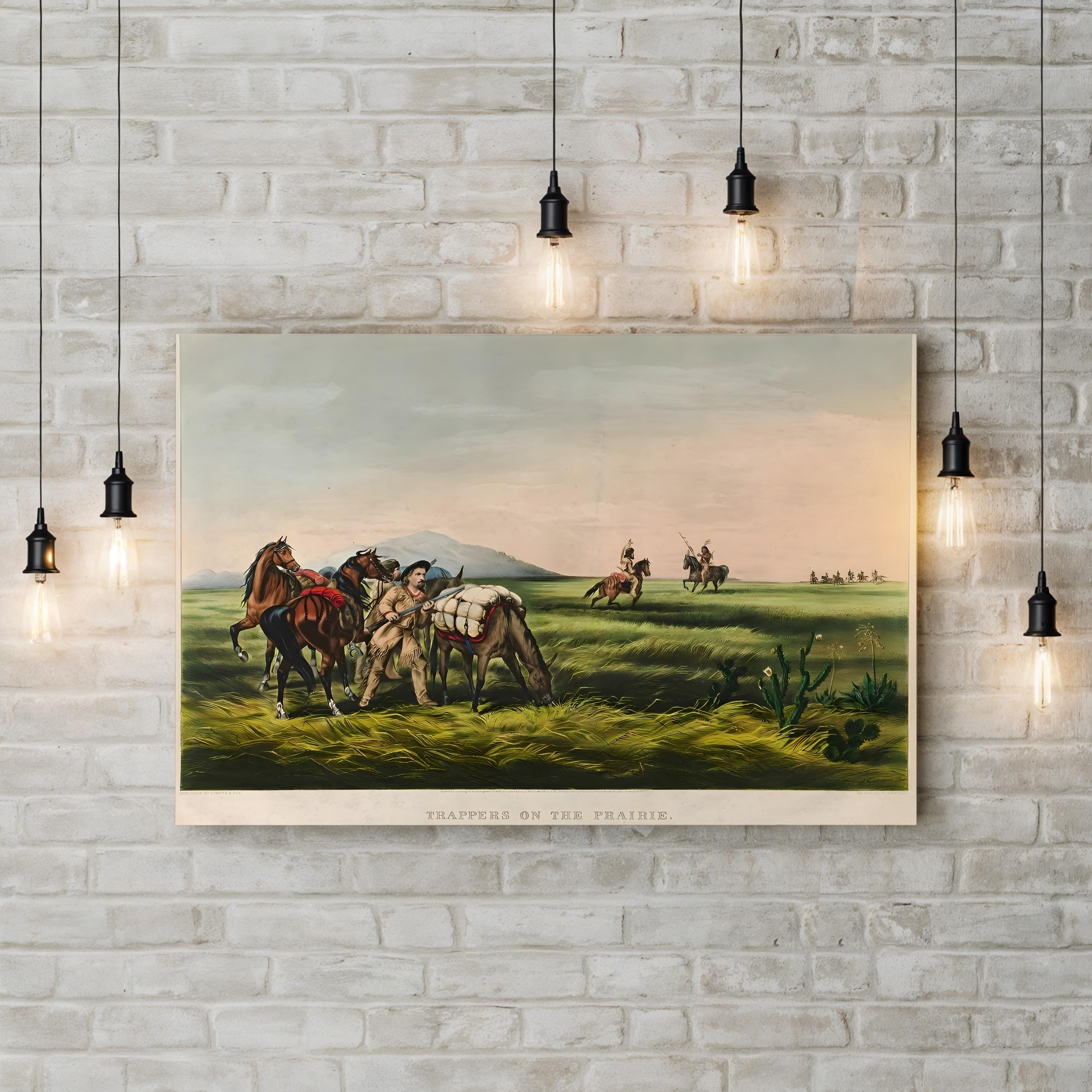 Frontier Trappers on the Prairie – Period Illustration Wall Art | Vintage Western Canvas Print