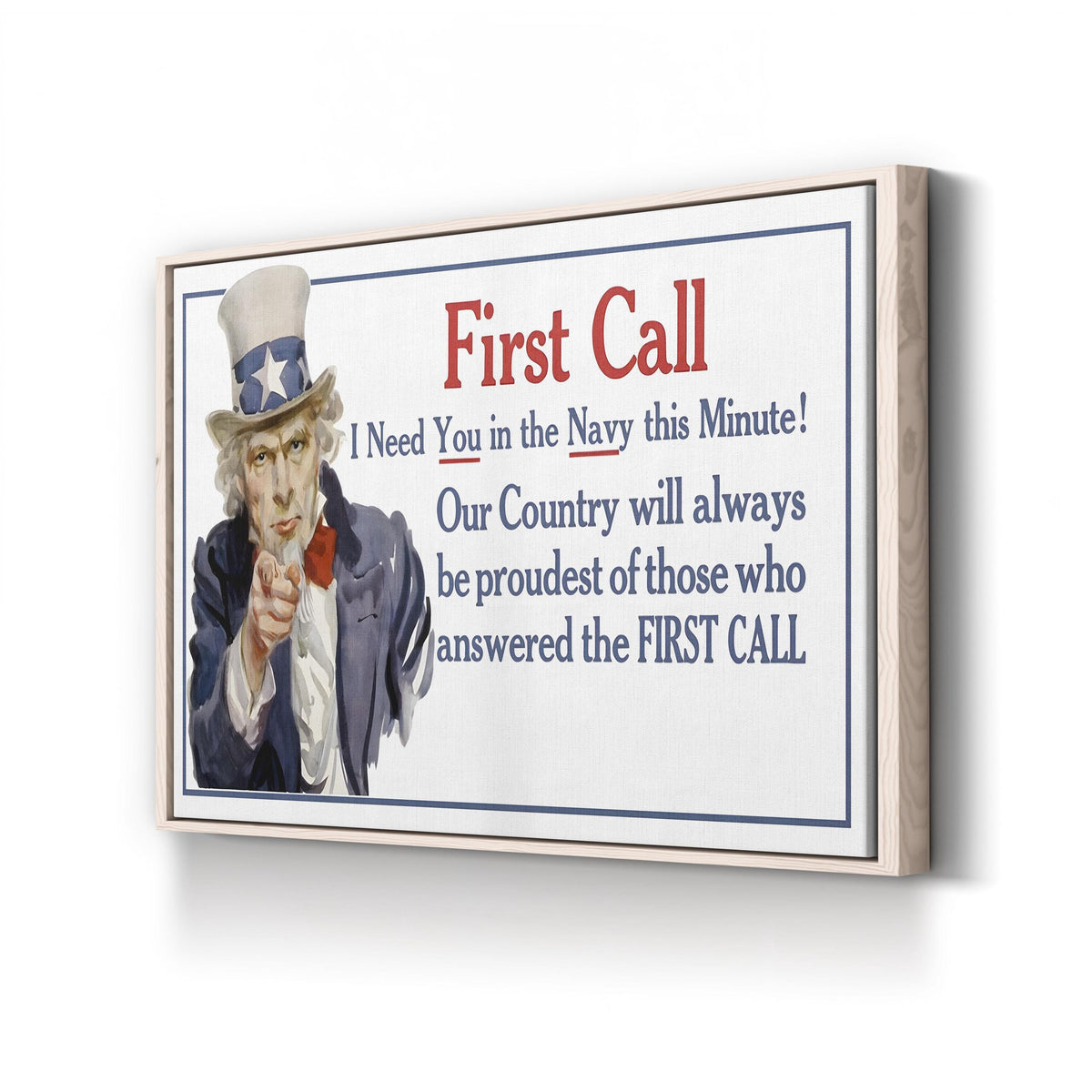 Uncle Sam WWII Patriotic Poster – Period Illustration Wall Art | Vintage Canvas Print canvas print in Natural Frame Canvas