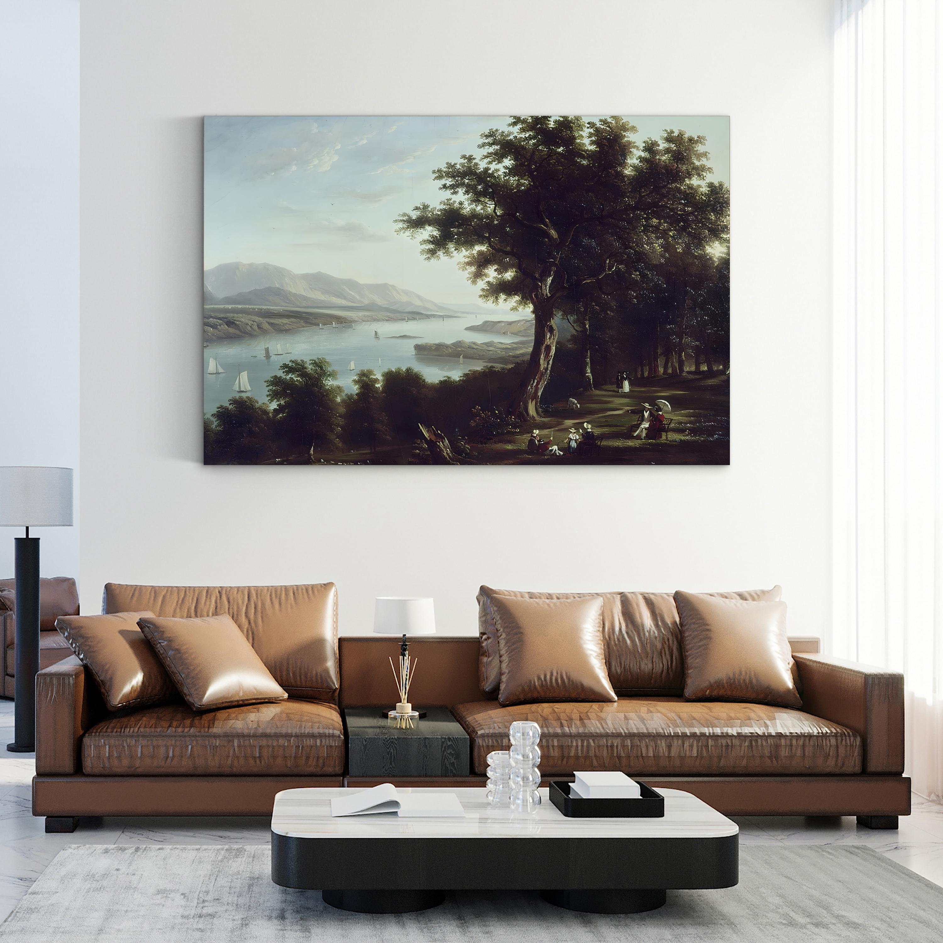 View From Hyde Park on the Hudson River (c.1836) – Framed Vintage Landscape Canvas Art by William Henry Bartlett