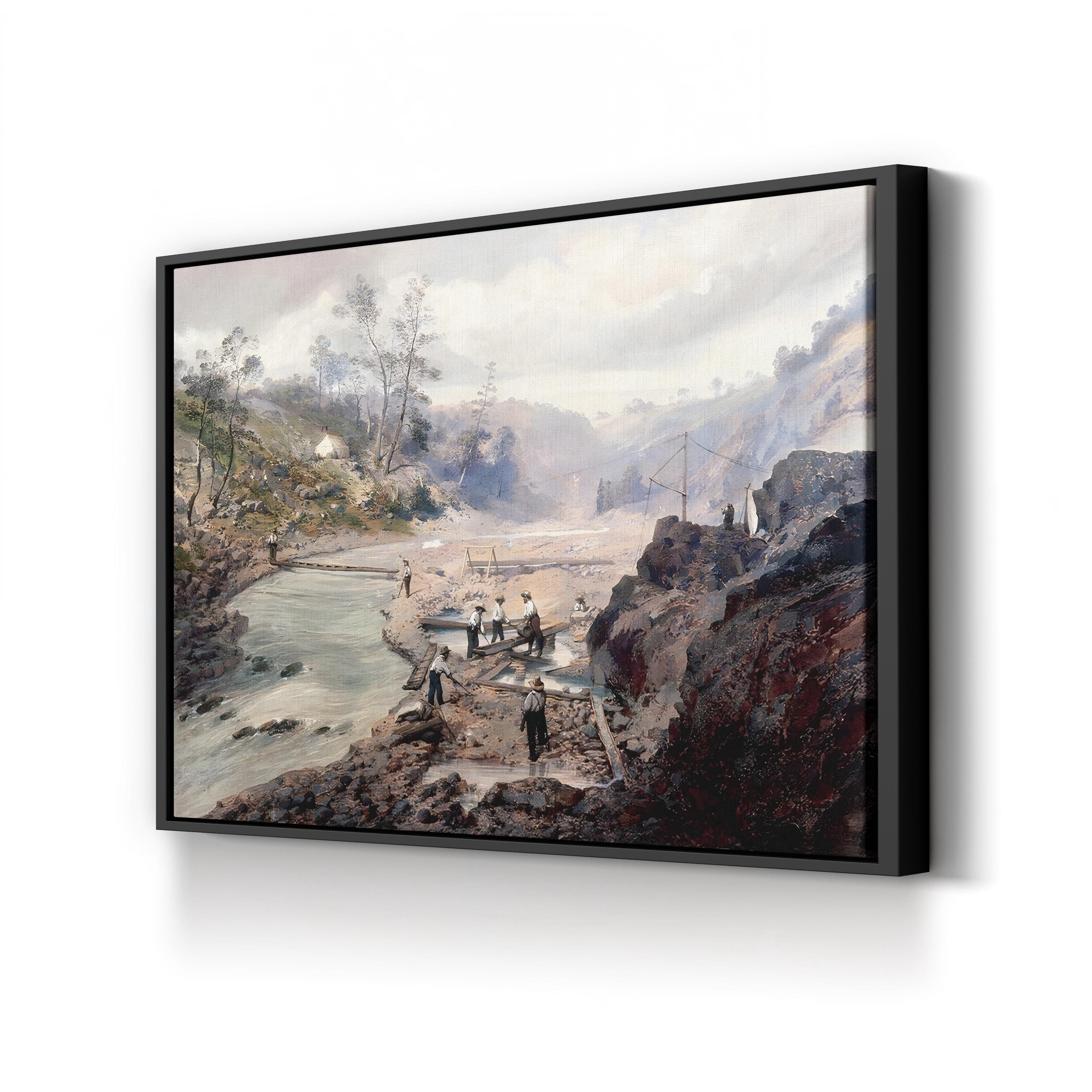Washing Gold, Calaveras, California, 1853 canvas print in Black frame