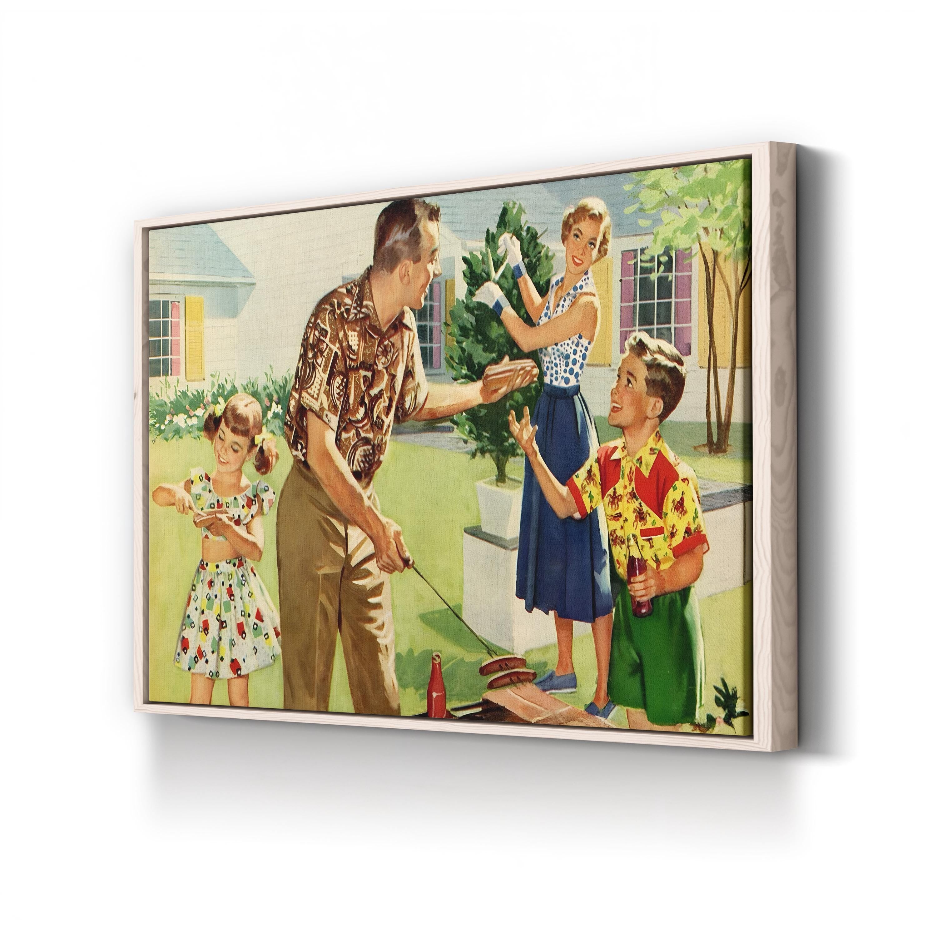 1940s Family Backyard BBQ, Vintage Americana Illustration canvas print in Natural frame