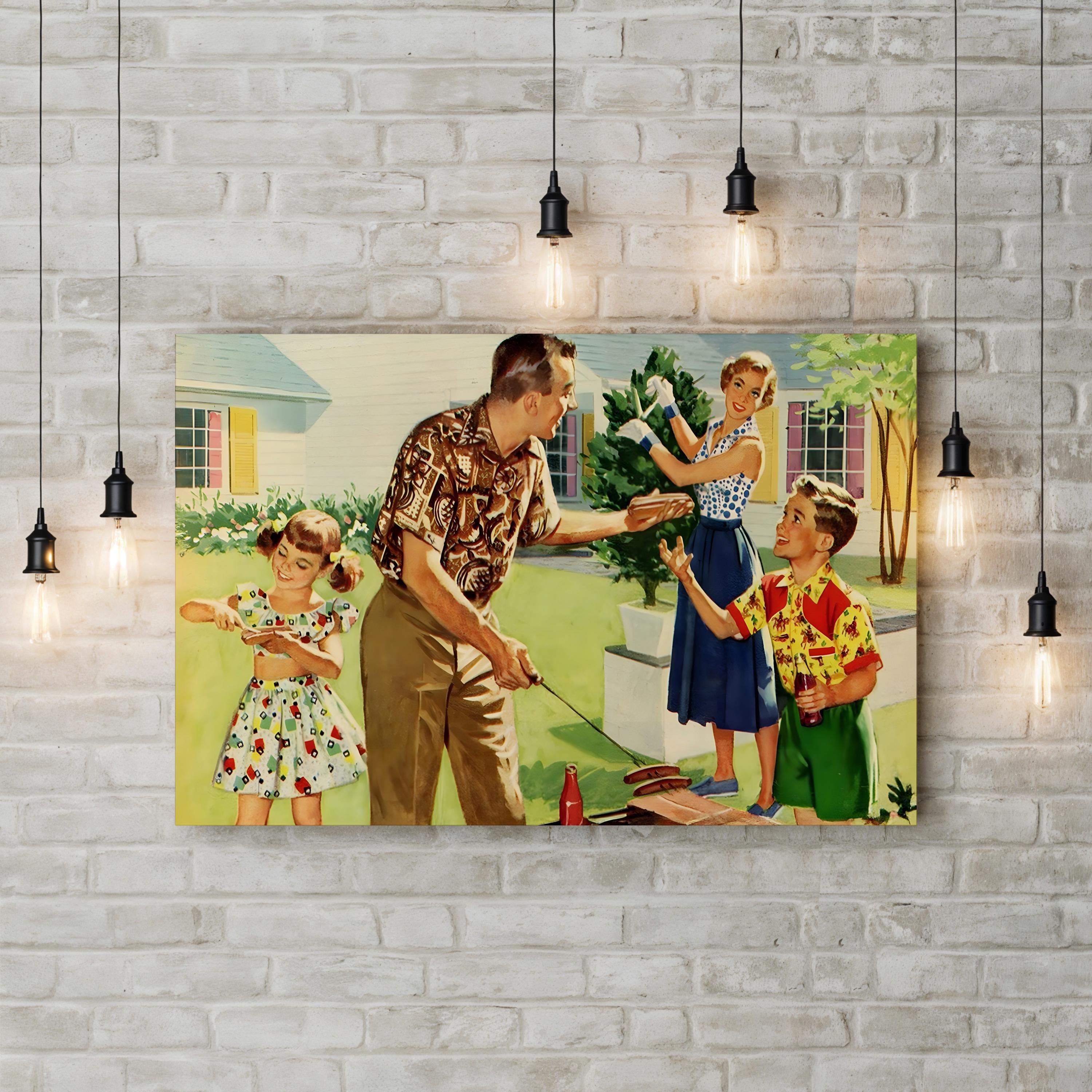 1940s Family Backyard BBQ – Period Illustration Wall Art | Vintage Americana Canvas Print