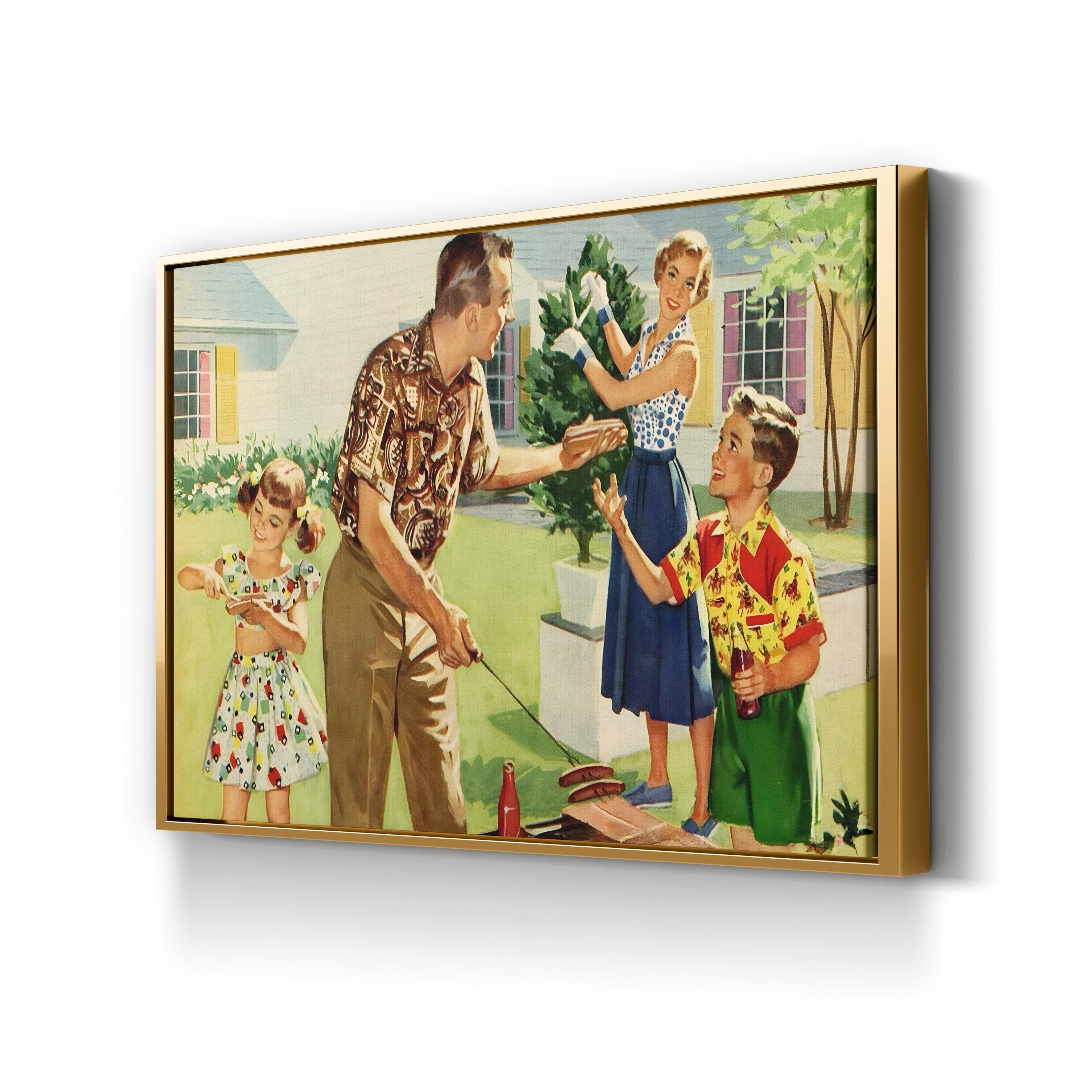 1940s Family Backyard BBQ, Vintage Americana Illustration canvas print in Gold frame