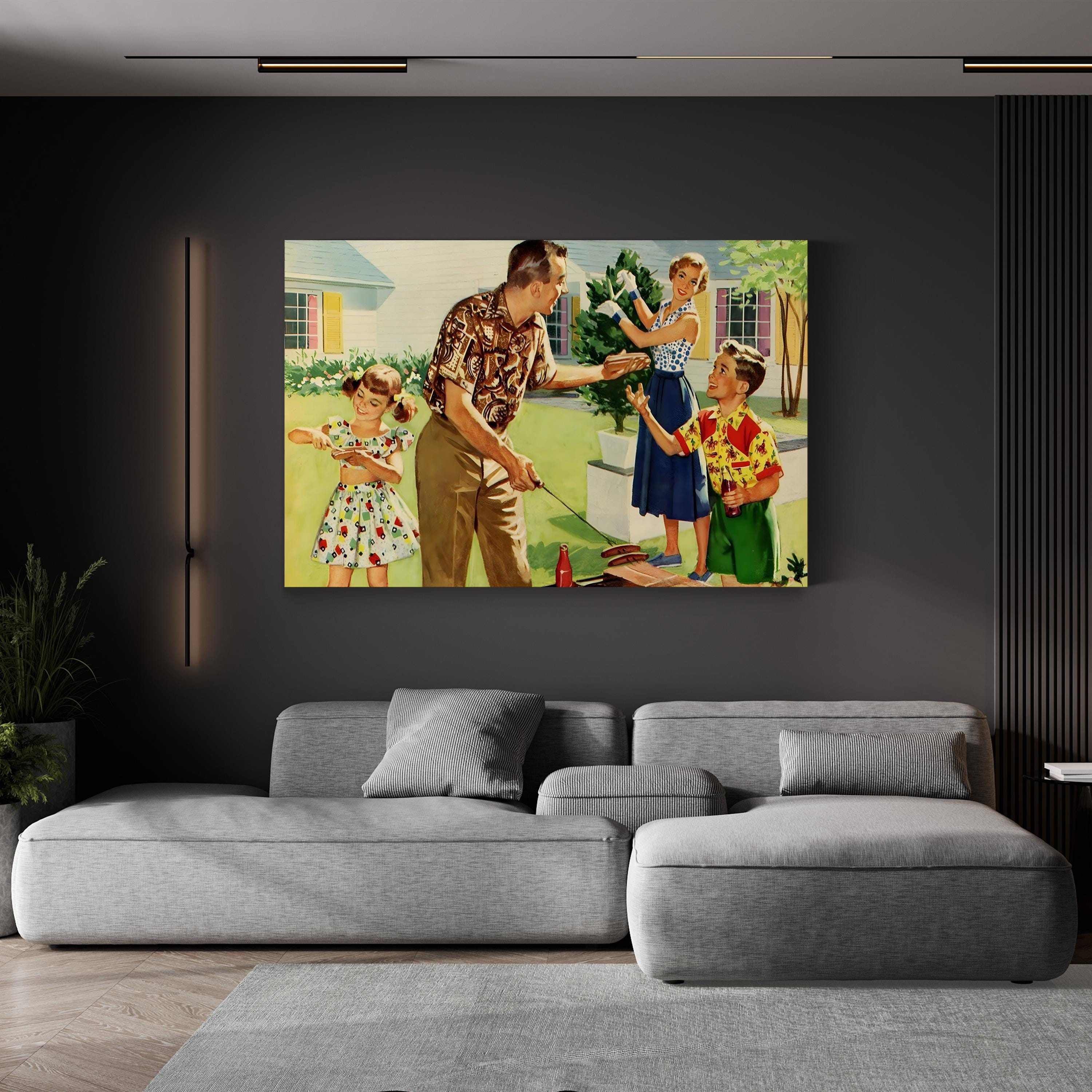 1940s Family Backyard BBQ, Vintage Americana Illustration canvas print in Gallery Canvas frame