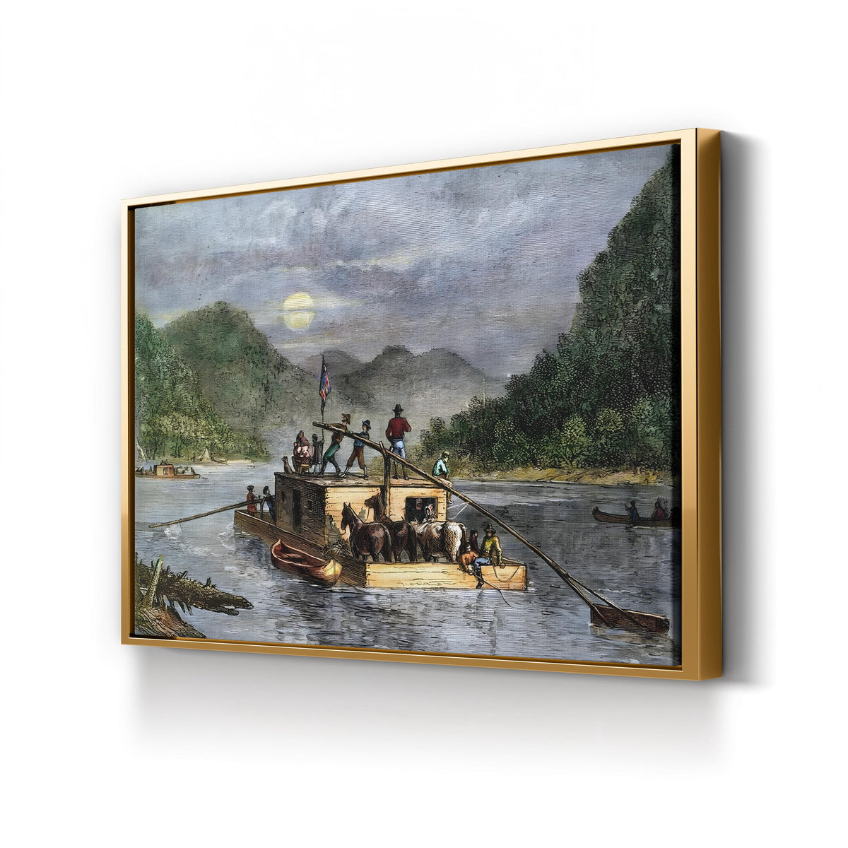 Flatboat on an American River, 19th Century Wall Art — Vintage River Transport Illustration canvas print in Gold Framed Canvas
