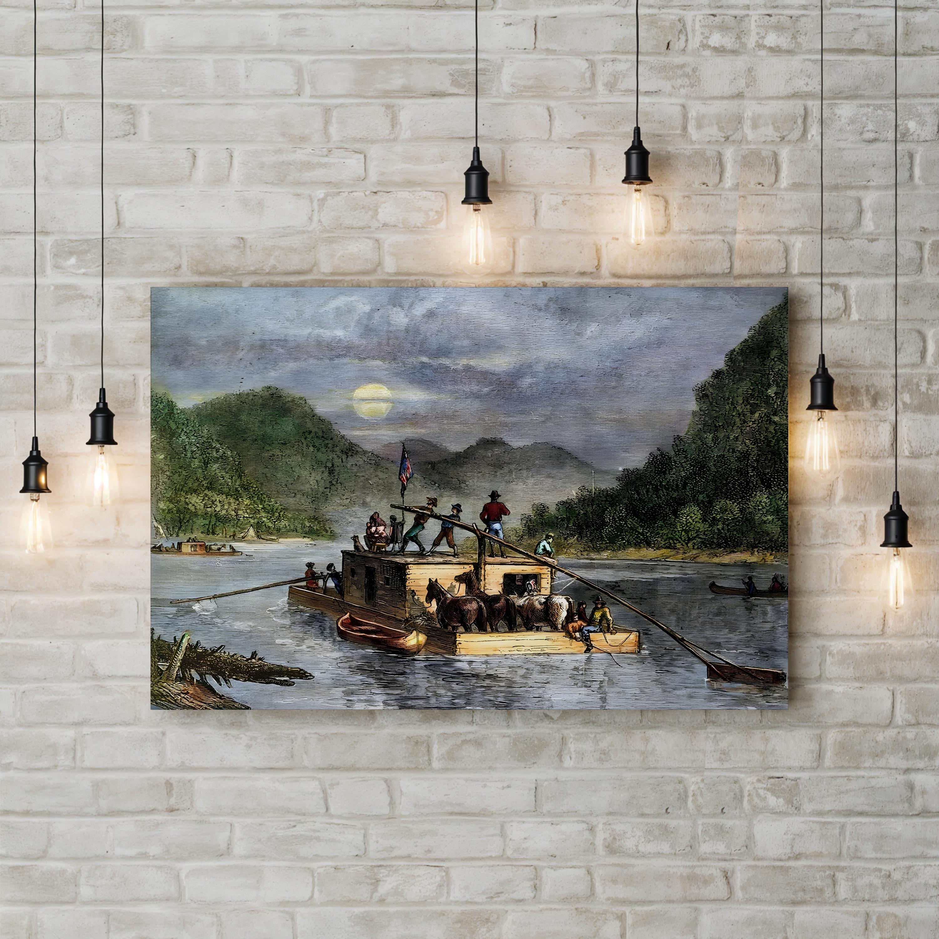 Flatboat on an American River, 19th Century Wall Art — Vintage River Transport Illustration