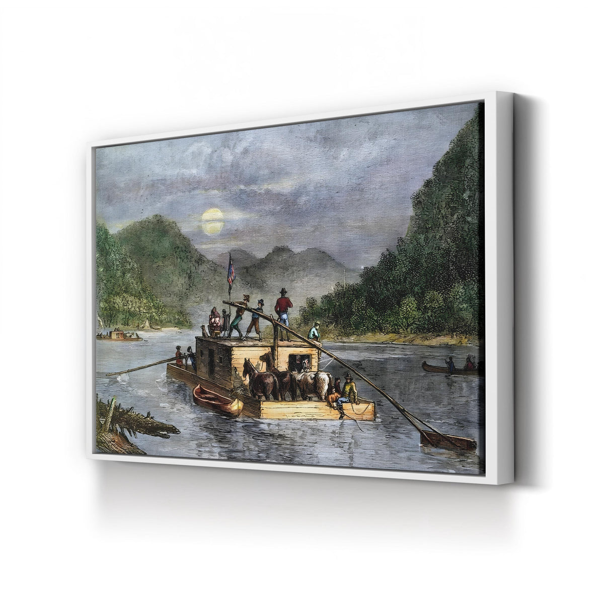 Flatboat on an American River, 19th Century Wall Art — Vintage River Transport Illustration canvas print in White Framed Canvas