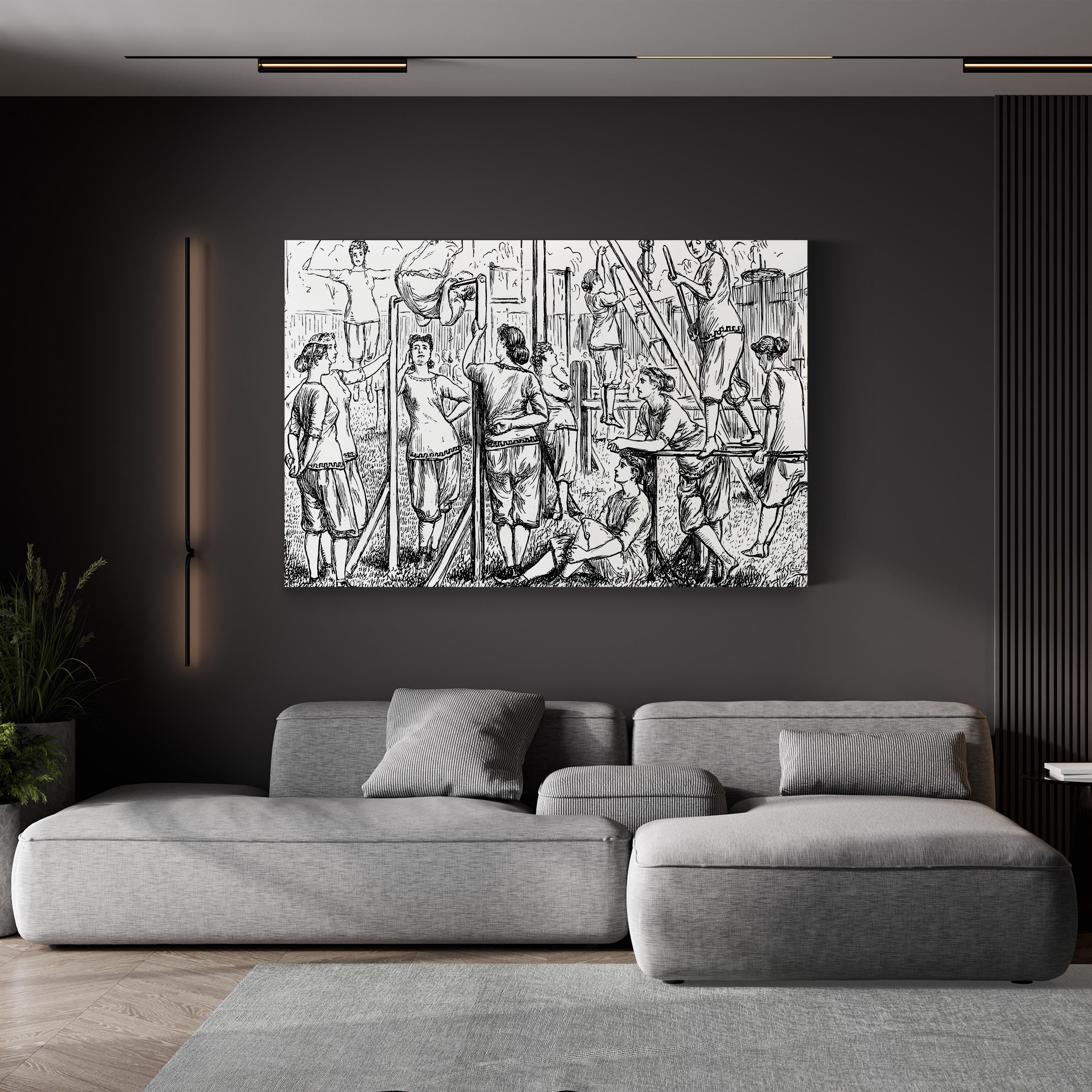 Calisthenic College for Lady Muscular Christians, c. 1867 canvas print in Black frame, displayed in living room