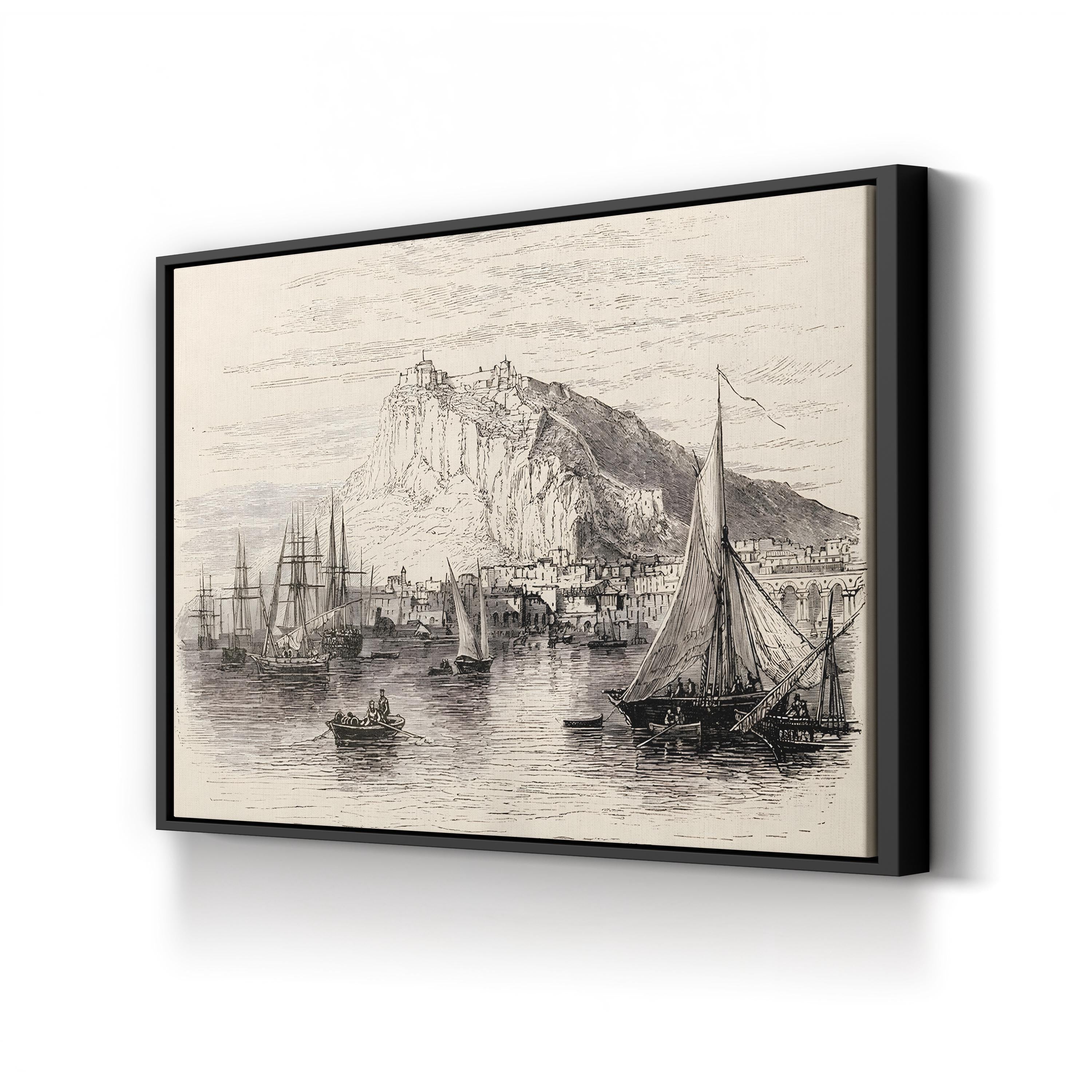 Framed artwork of a coastal scene with boats and a mountain on a white background