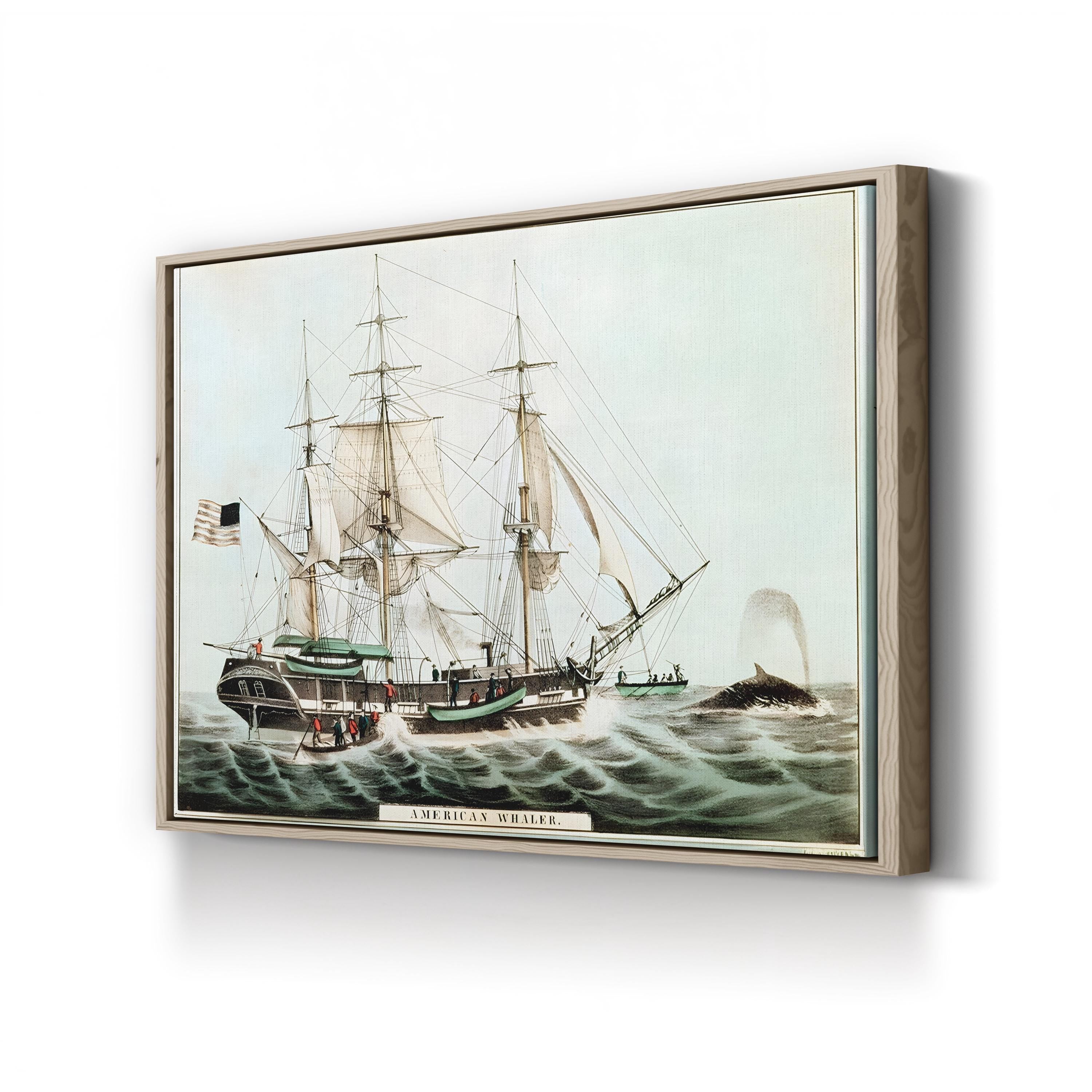 American Whaler by Nathaniel Currier canvas print in Oak frame