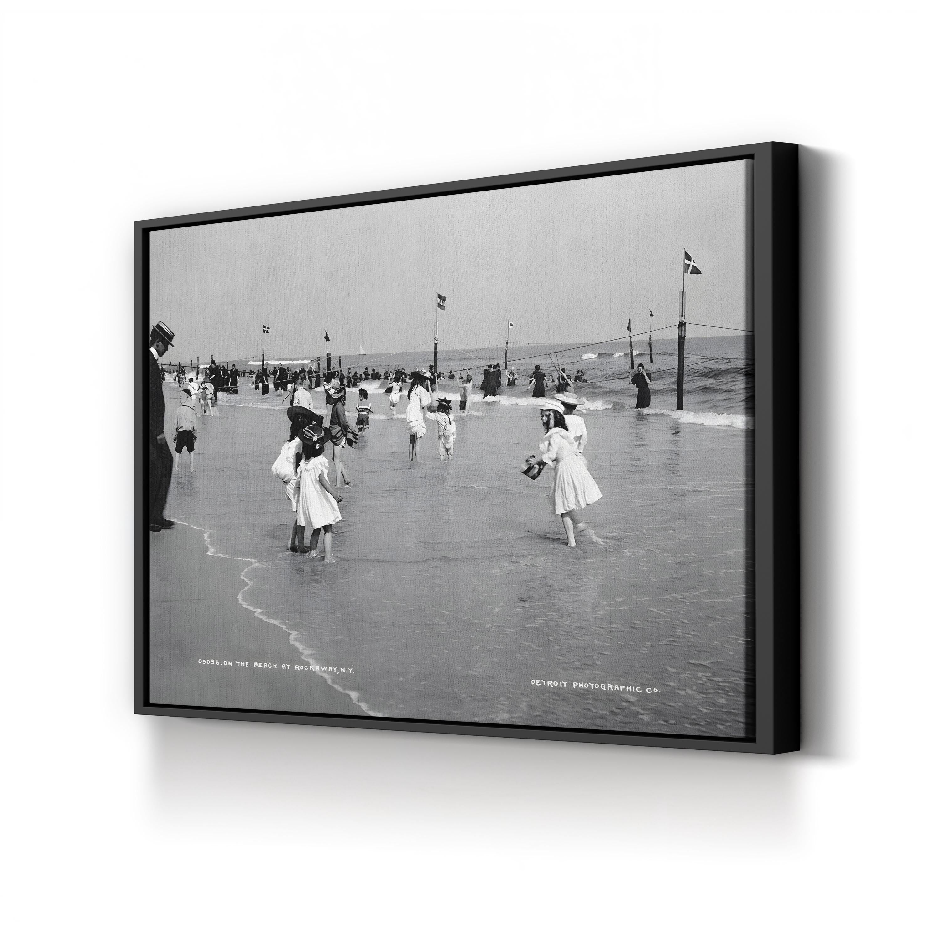 Children on the Beach at Rockaway, New York (1904) – Framed Antique Beach Scene Photography Canvas Art
