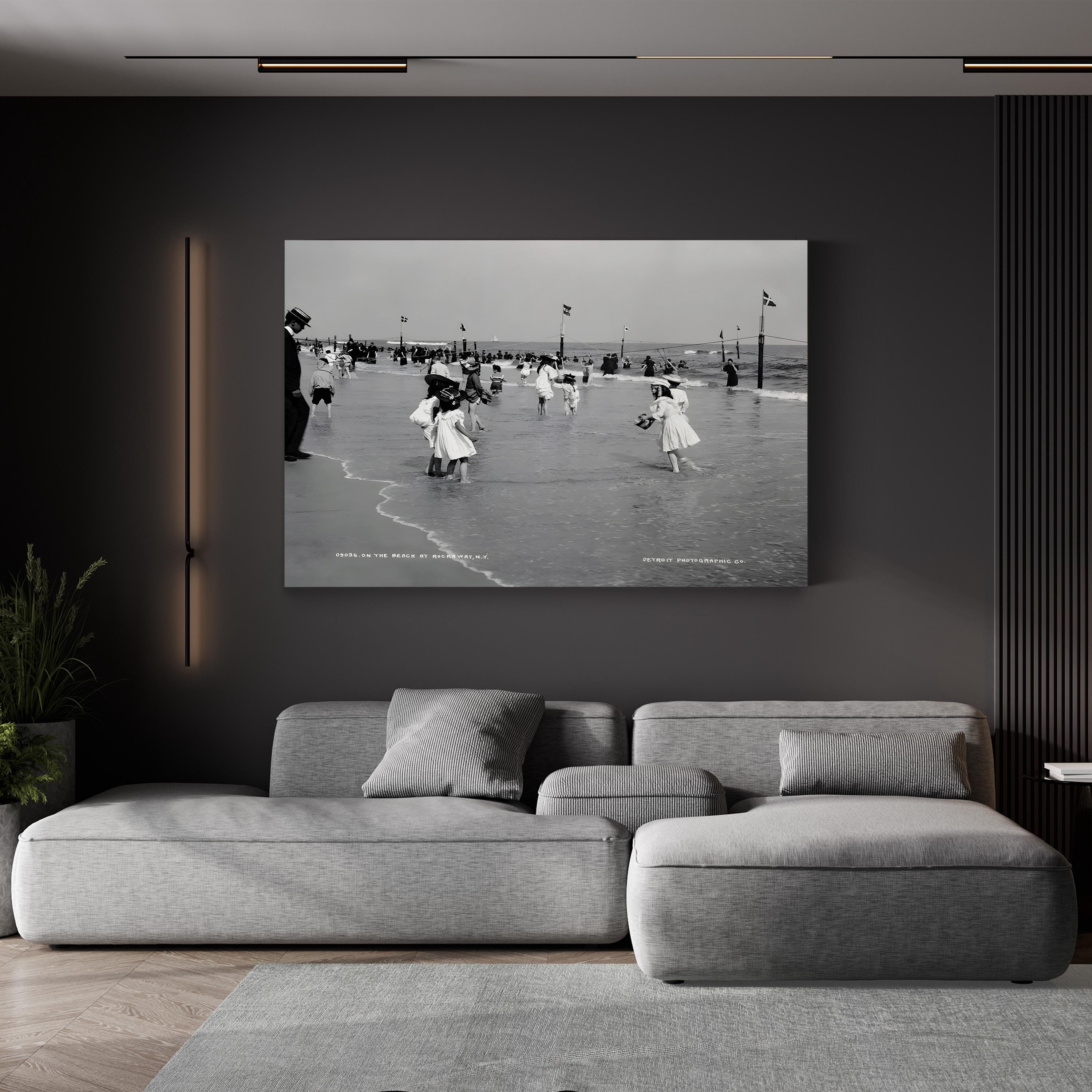 Children on the Beach at Rockaway, New York (1904) – Framed Antique Beach Scene Photography Canvas Art