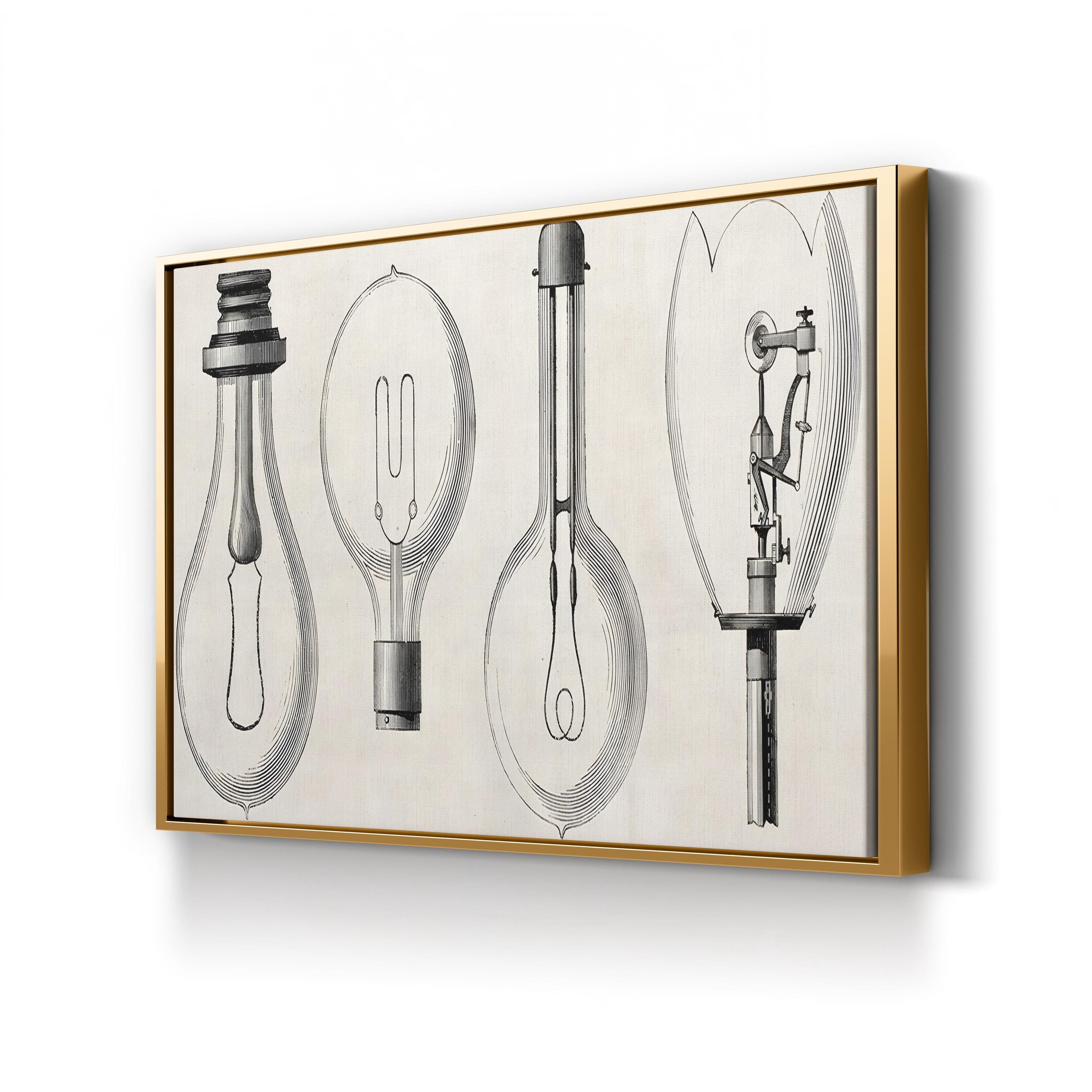 Four Electric Lamps Patent by Edison, Maxim, Swan, and Werdermann canvas print in oak frame