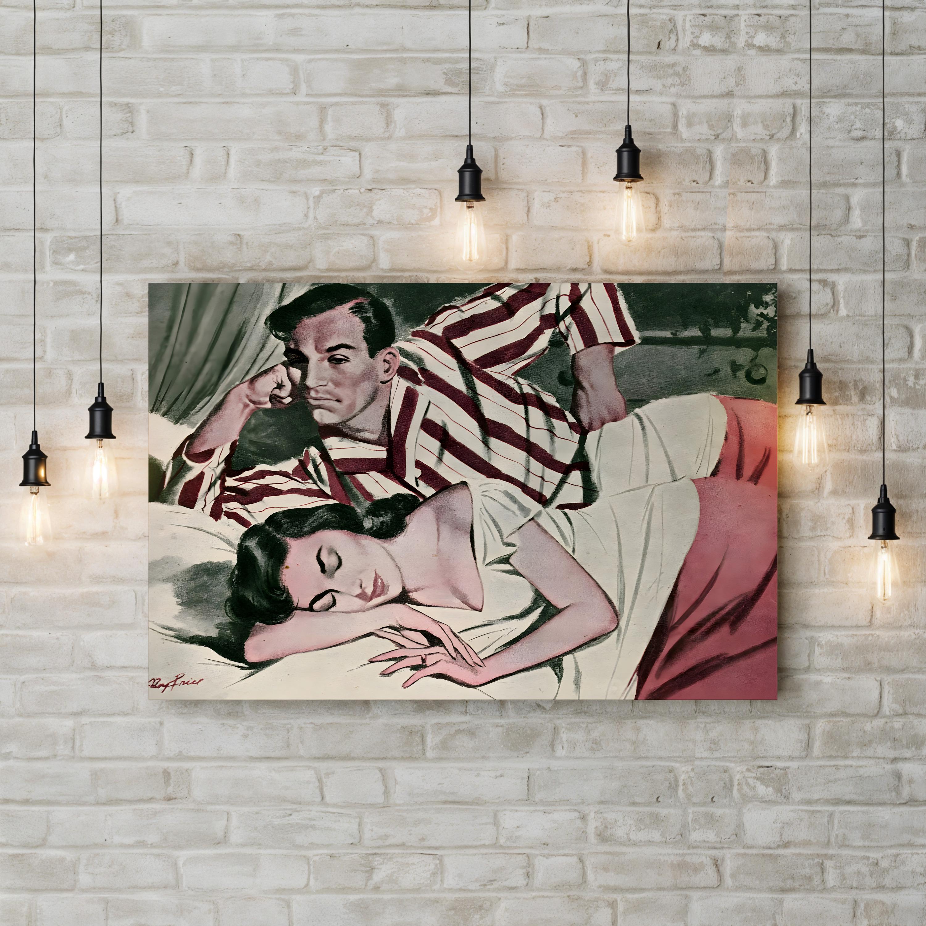 1950s Retro Bedroom Couple – Period Illustration Wall Art | Vintage Domestic Canvas Print