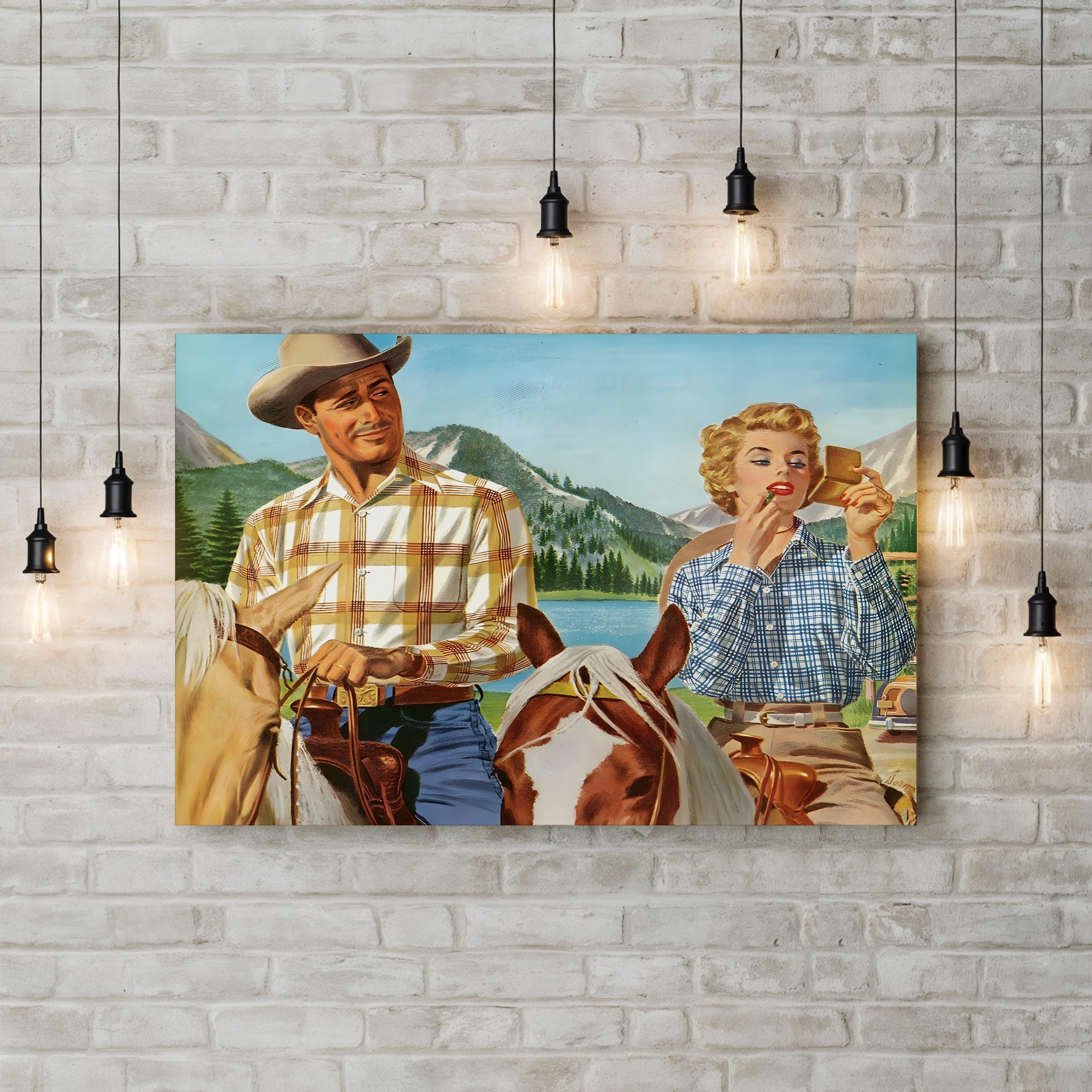 Cowboy & Woman Frontier Scene – Period Illustration Wall Art | Vintage Western Canvas Print
