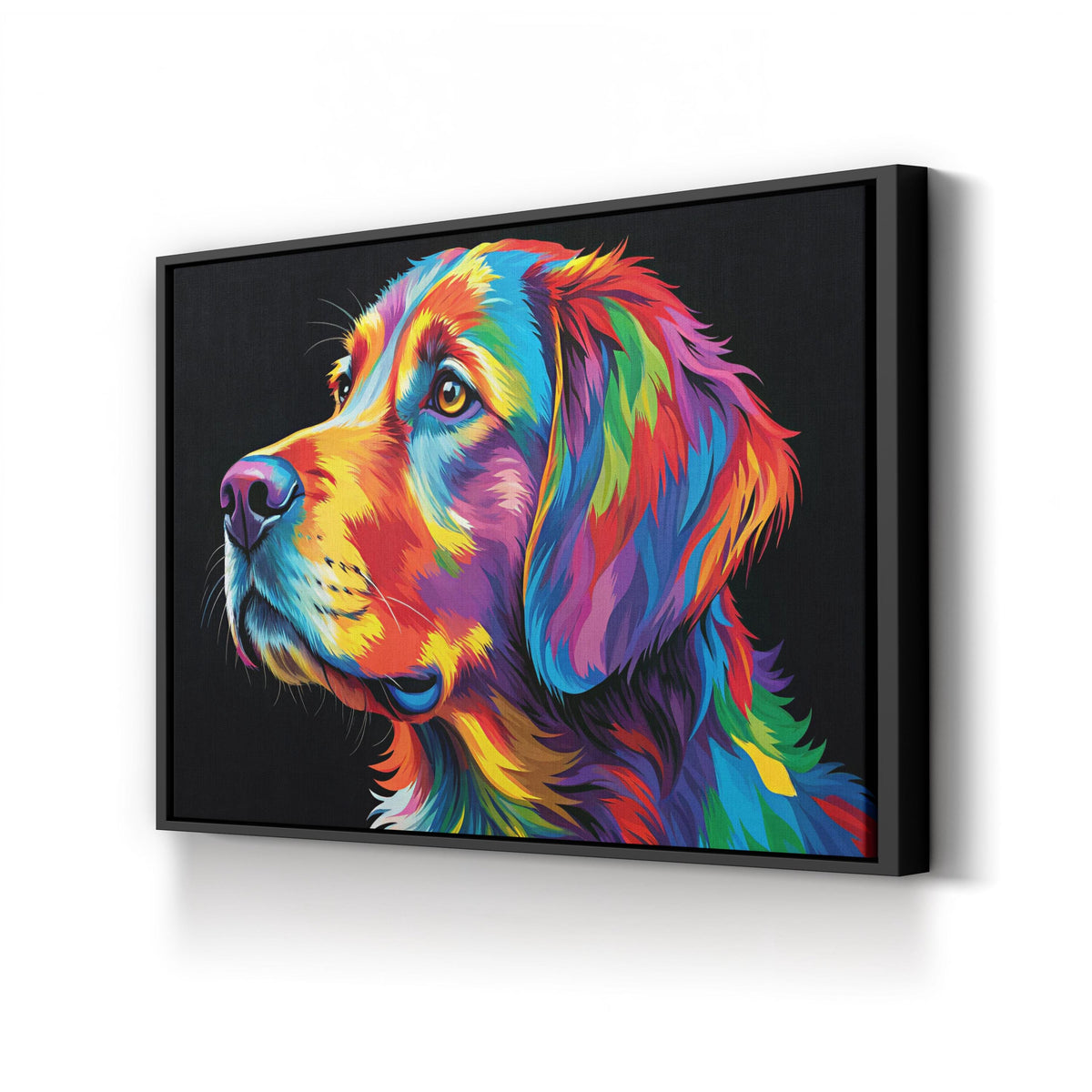 Colorful Dog Pop Art canvas print in black framed canvas