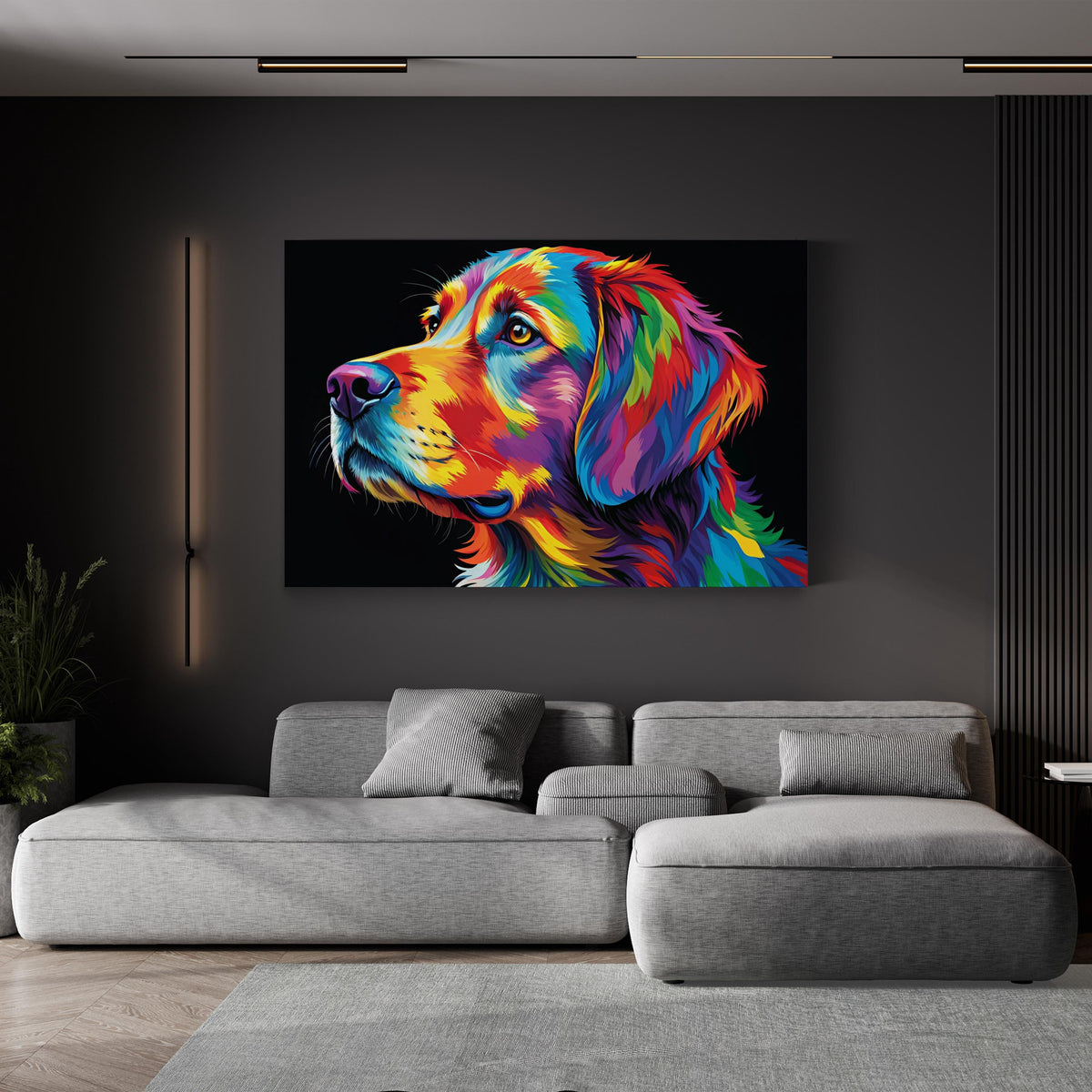 Colorful Dog Pop Art canvas print in gallery wrap frame, displayed above a gray sofa