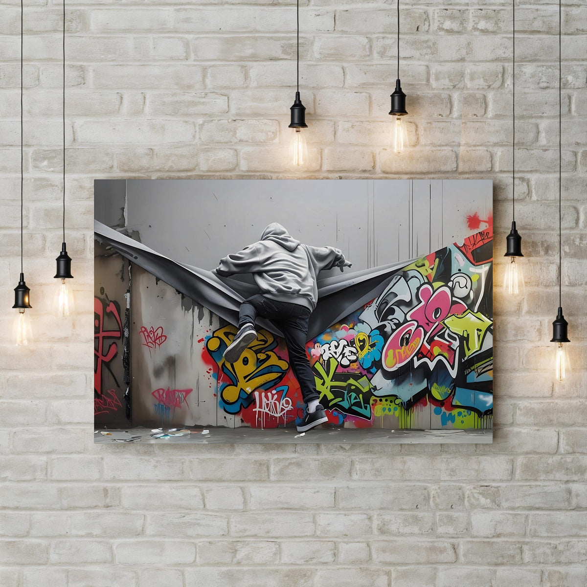 Banksy Style Graffiti Stencil Street Art canvas print in white frame displayed against a brick wall