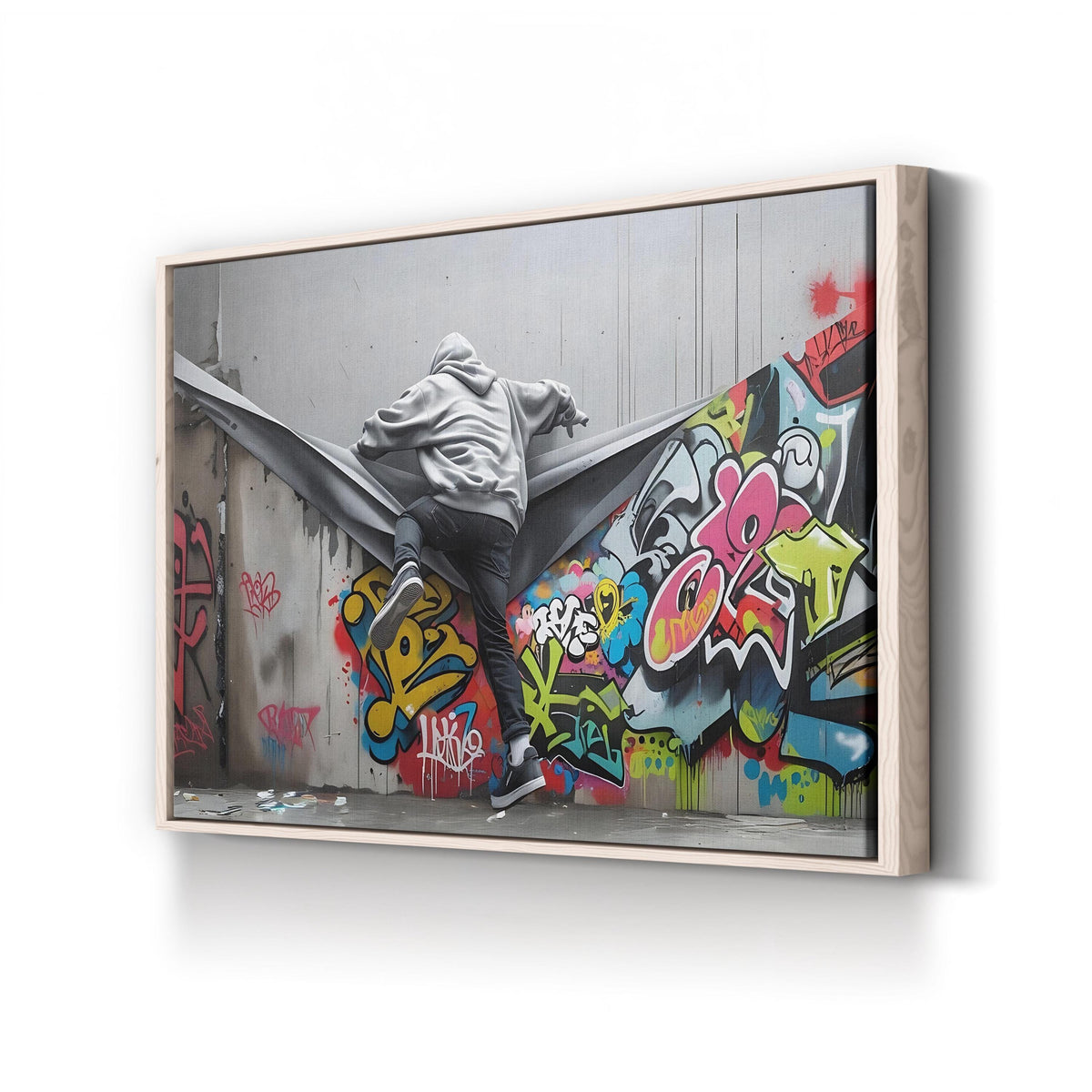 Banksy Style Graffiti Stencil Street Art canvas print in oak frame