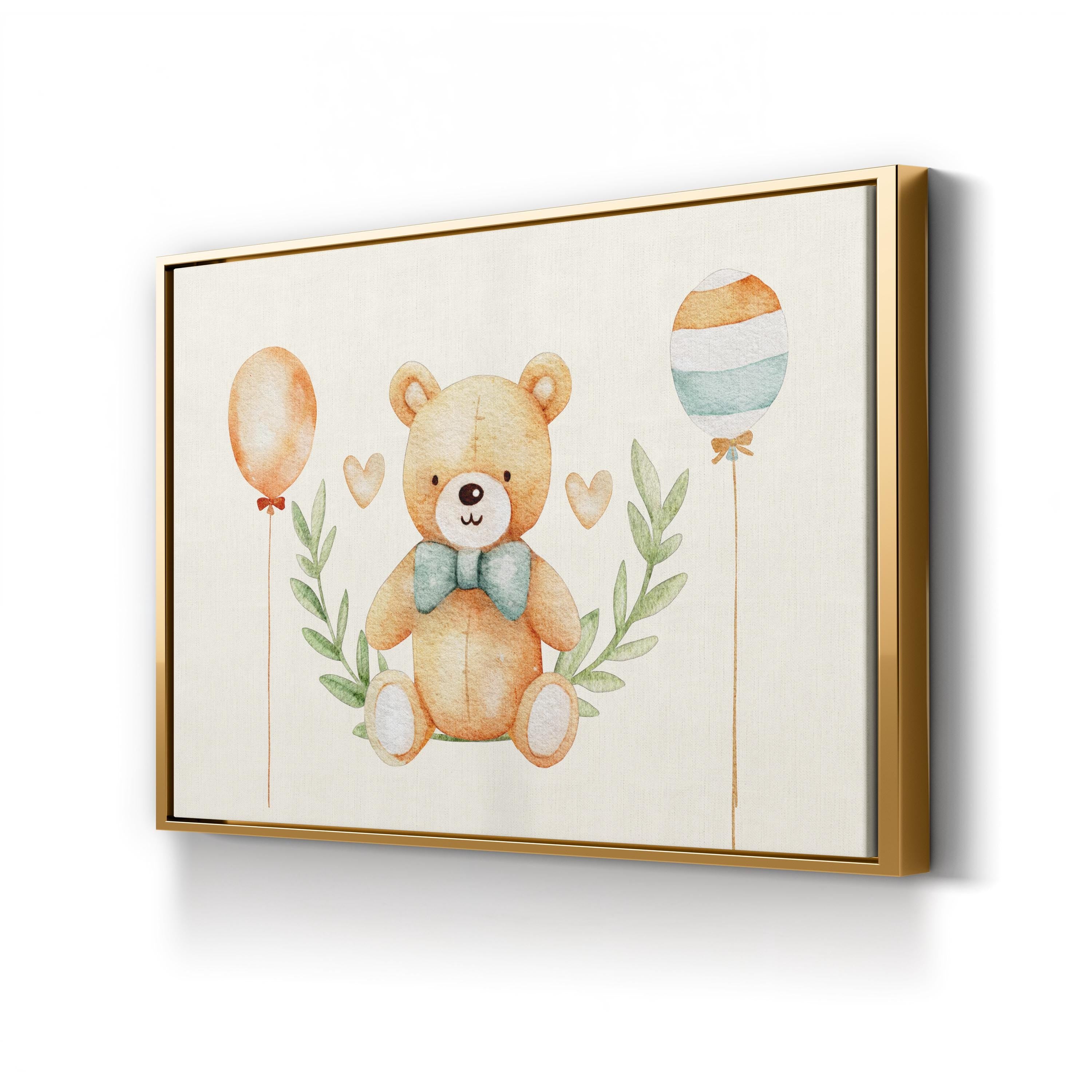 Framed artwork of a teddy bear with balloons on a white background