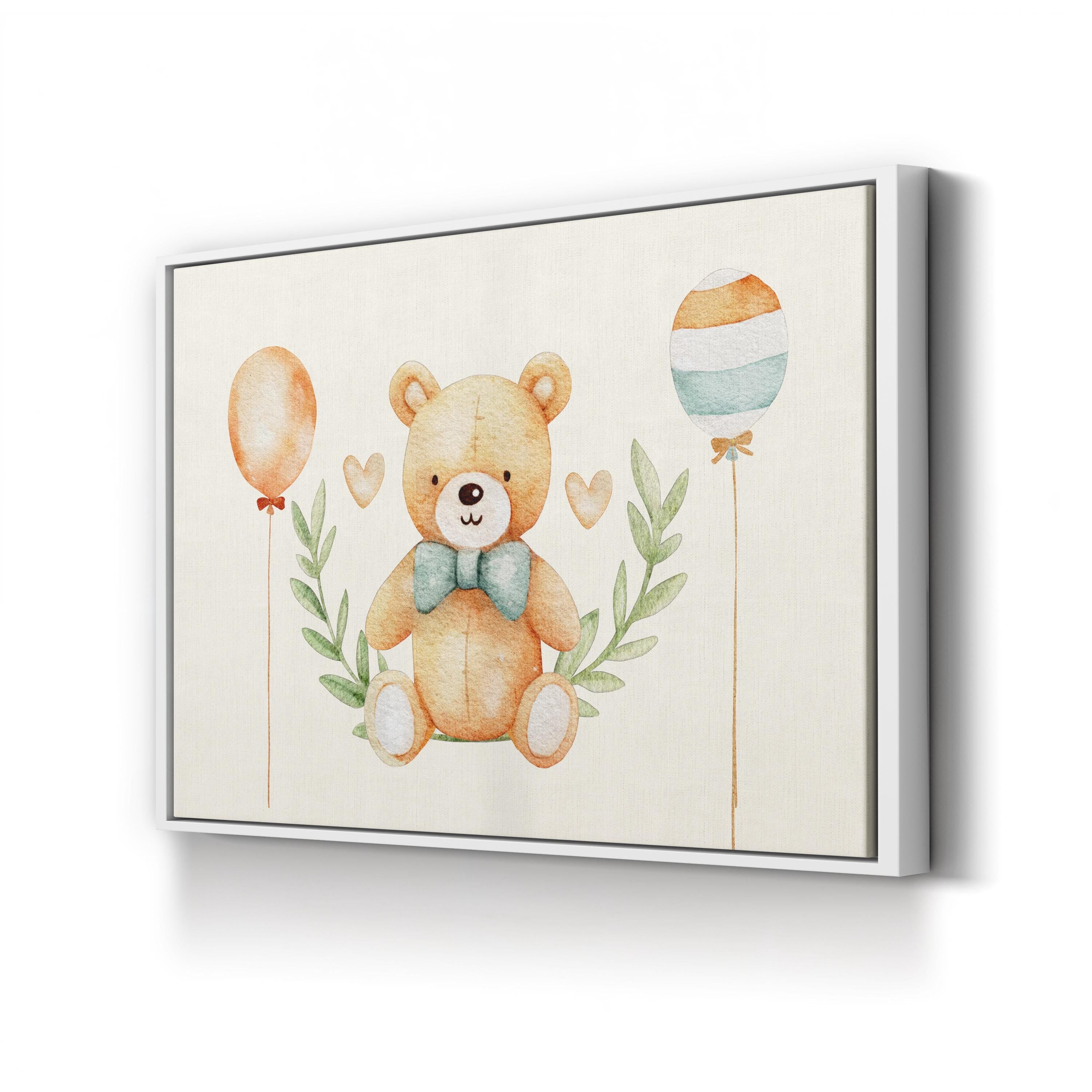 Framed artwork of a teddy bear with balloons on a white background