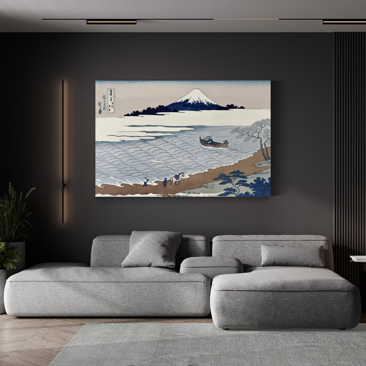 Tama River in Musashi Province by Katsushika Hokusai canvas print in white frame displayed in a modern living room