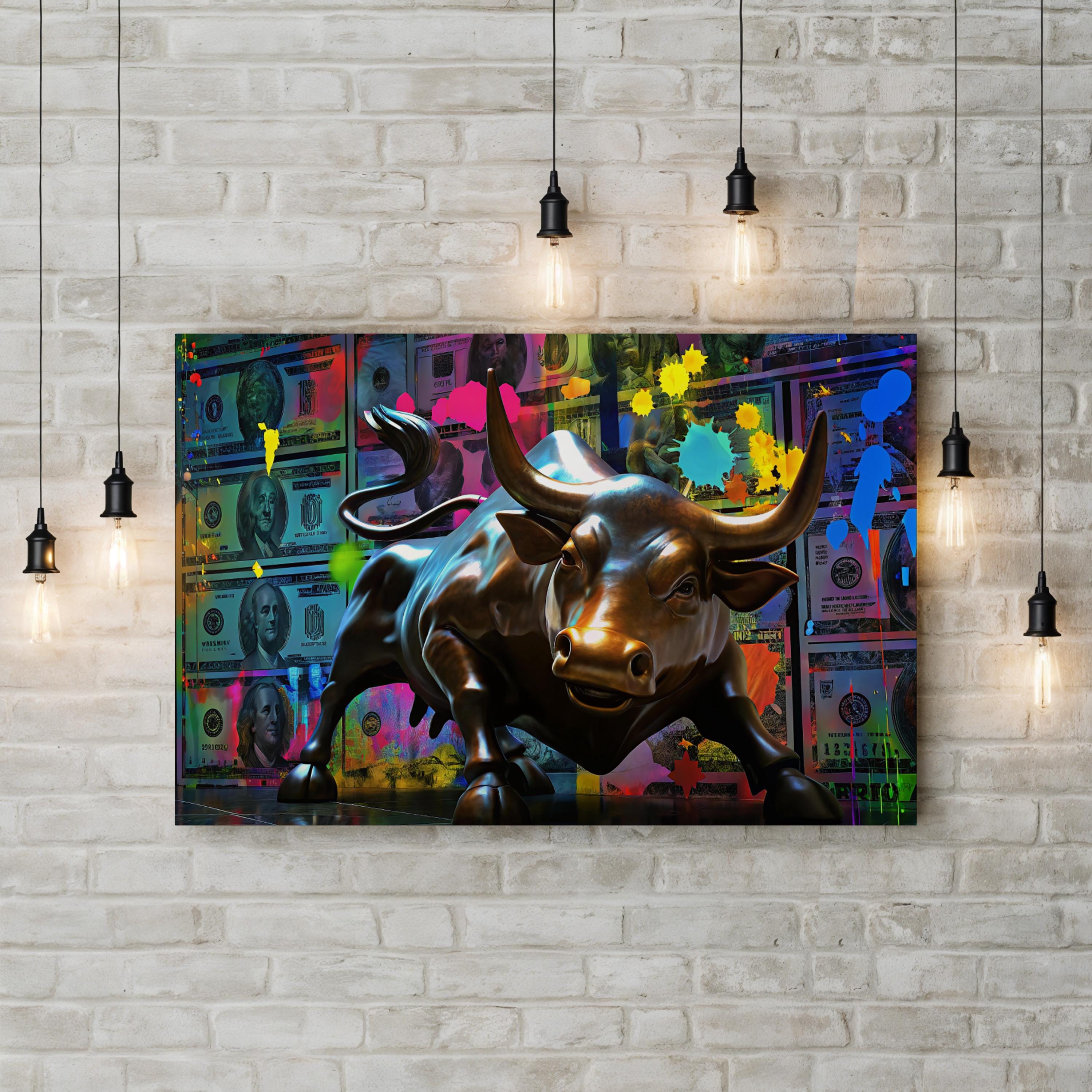 Vibrant Wall Street Bull Canvas Art Print: Modern Finance Pop Art