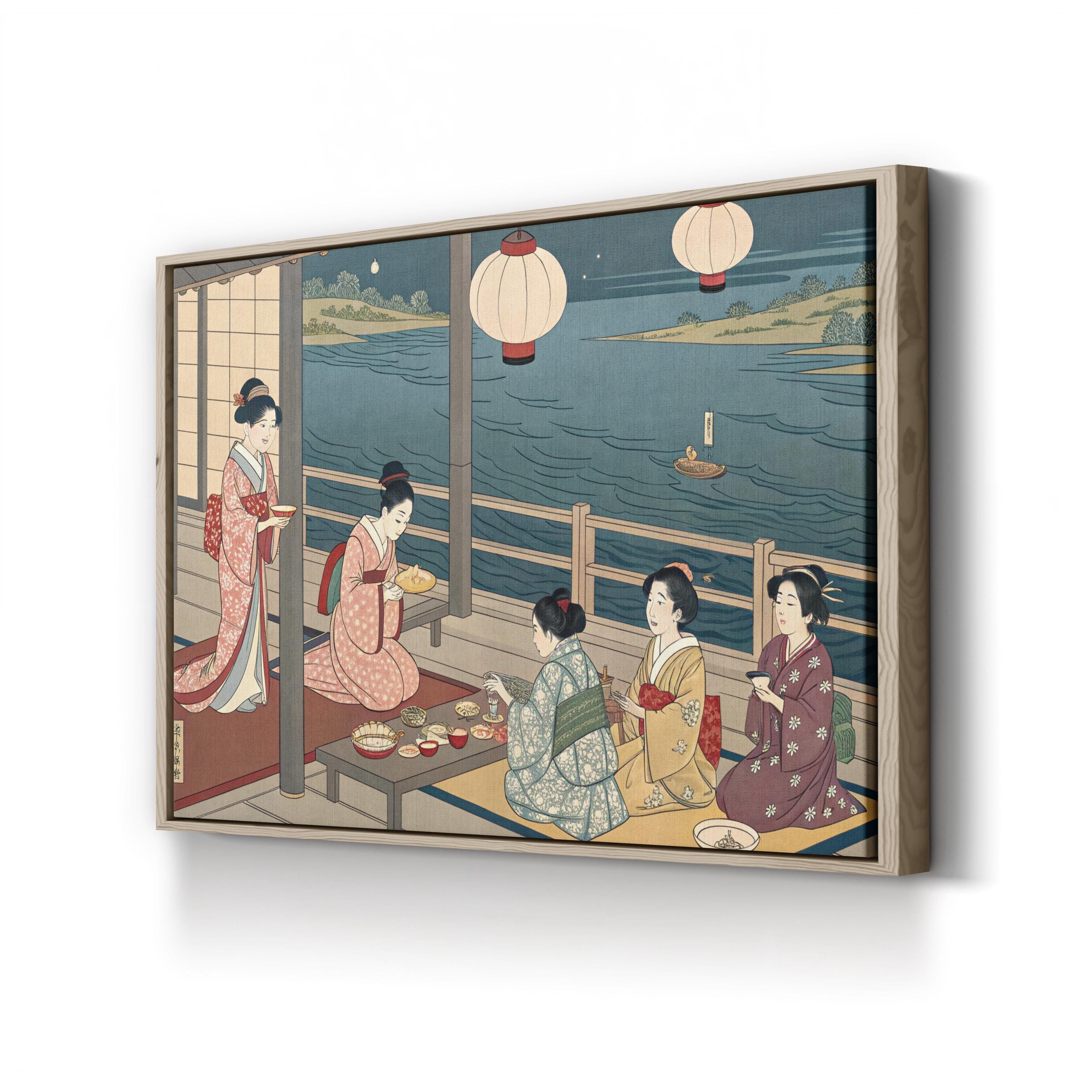 Geisha Evening Gathering by the River canvas print in oak frame