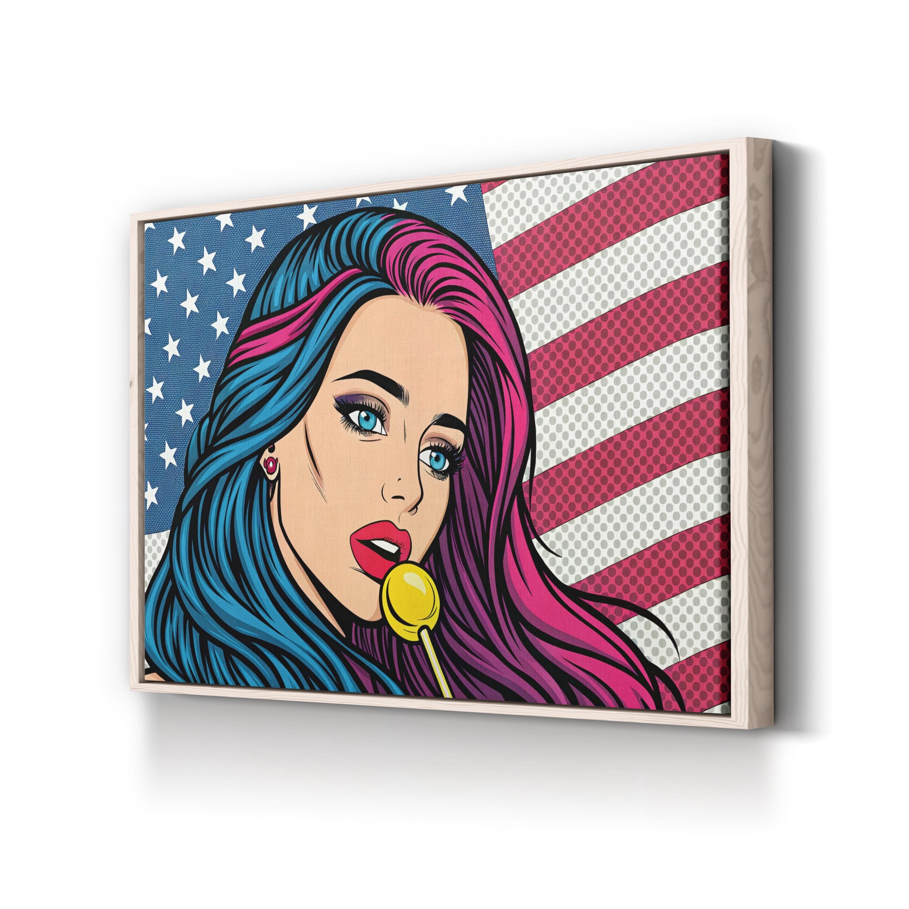 Retro Comic Girl with American Flag Wall Art | Pop Art Graphic Canvas Print