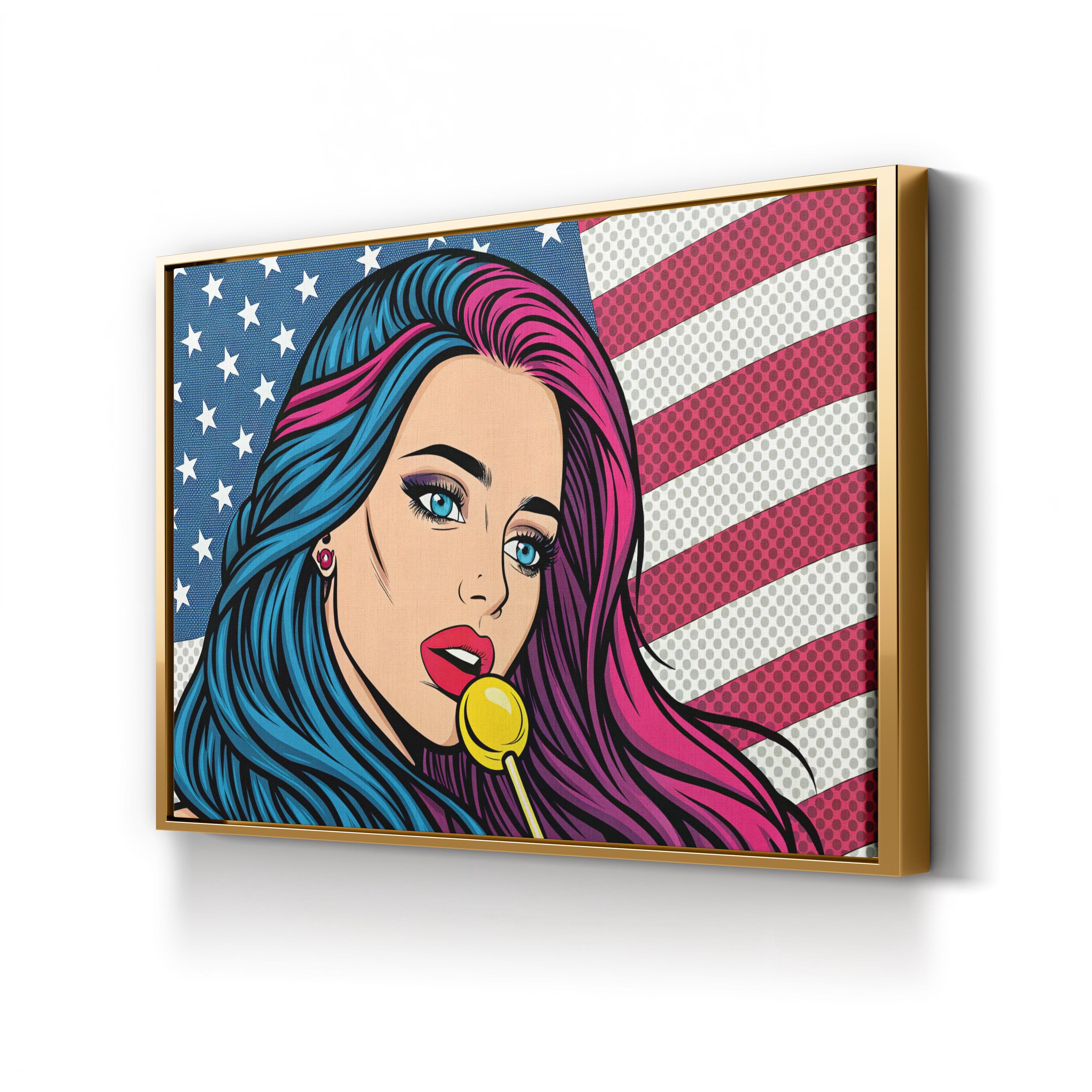 Retro Comic Girl with American Flag Wall Art | Pop Art Graphic Canvas Print