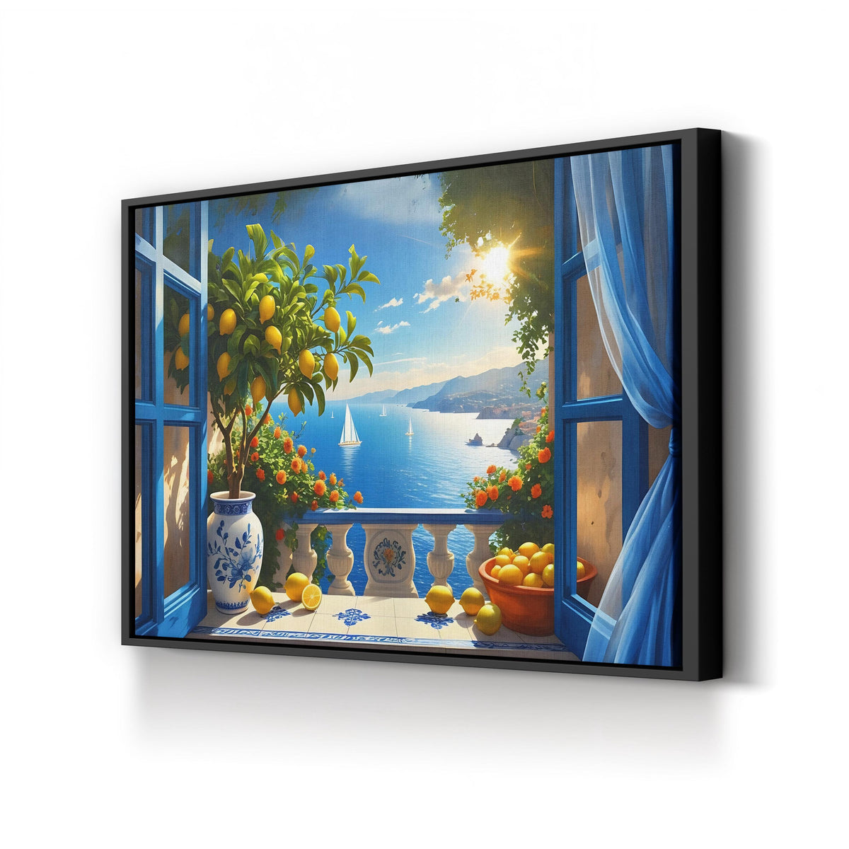 Coastal Still Life with Lemons and Sailboats canvas print in Black frame