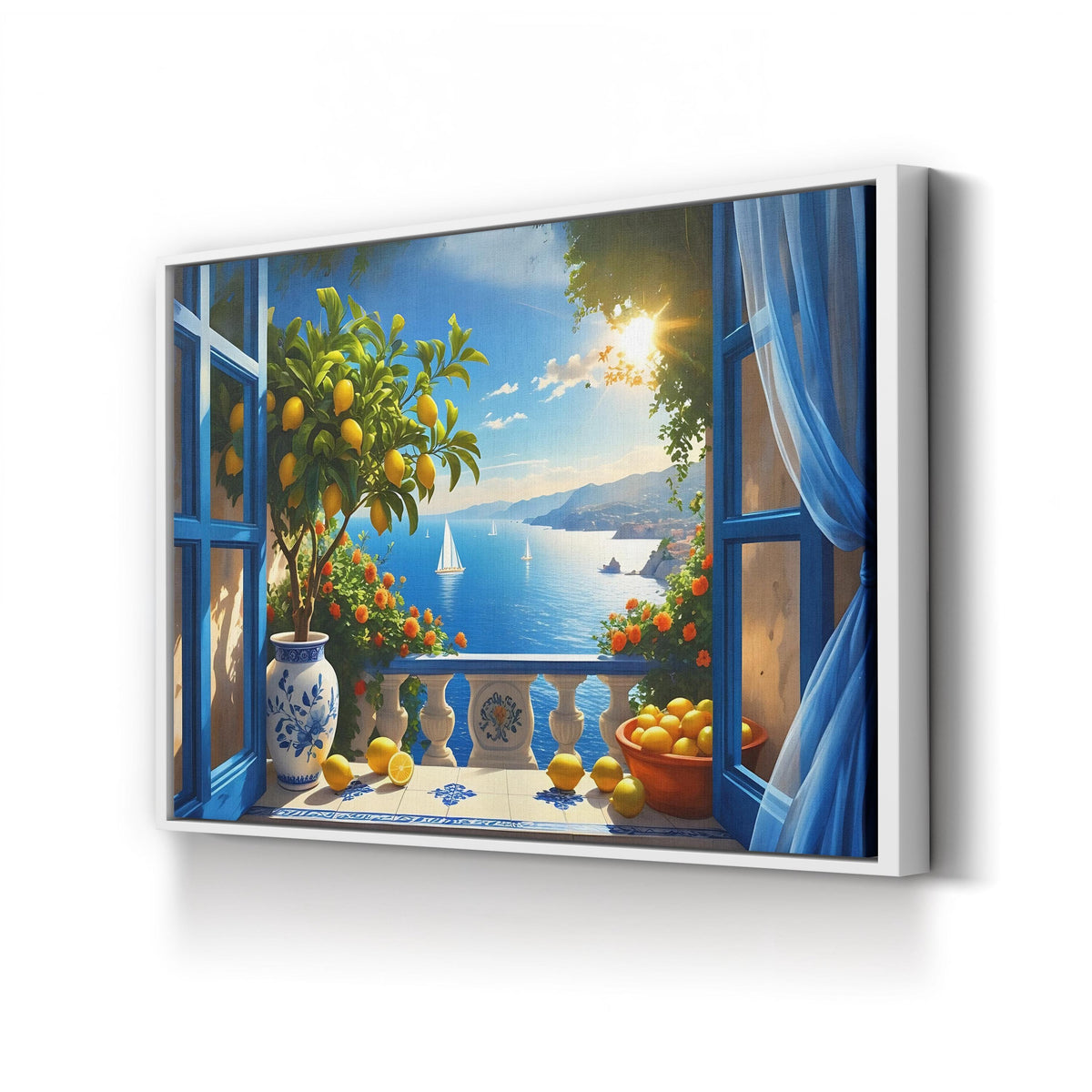 Coastal Still Life with Lemons and Sailboats canvas print in White frame