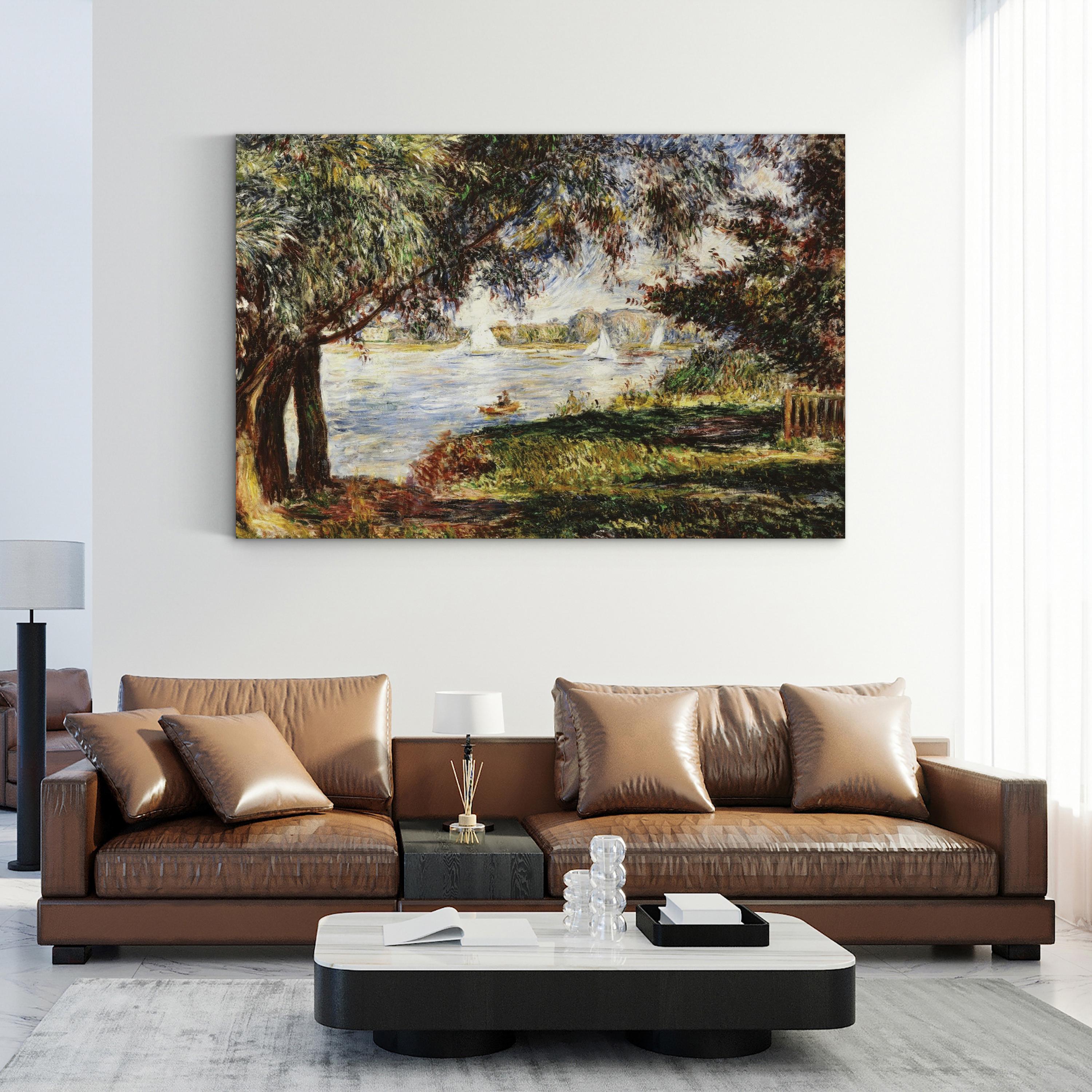 Modern living room with a brown leather sofa and a painting of a landscape on the wall.