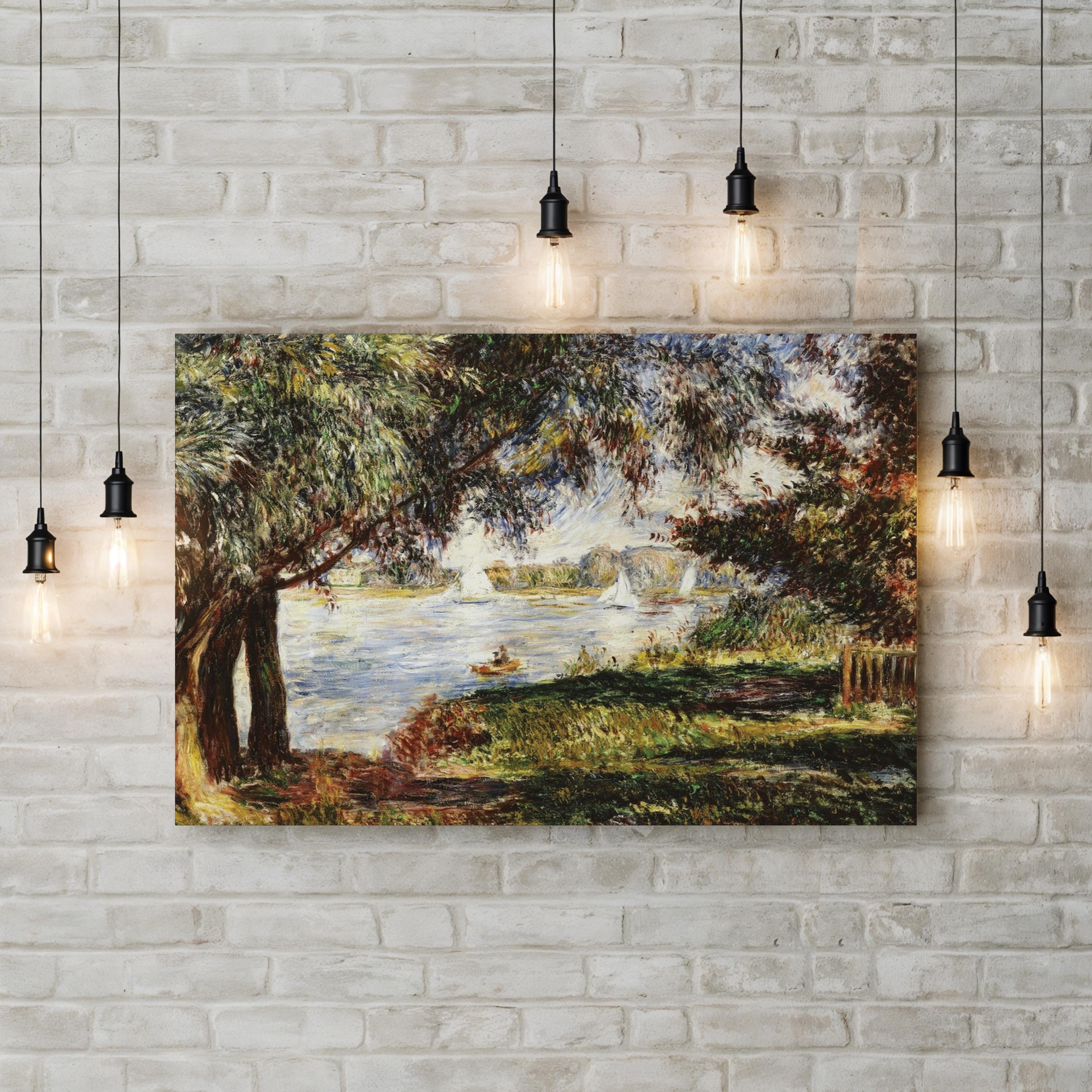 Surreal landscape painting on a brick wall with pendant lights.