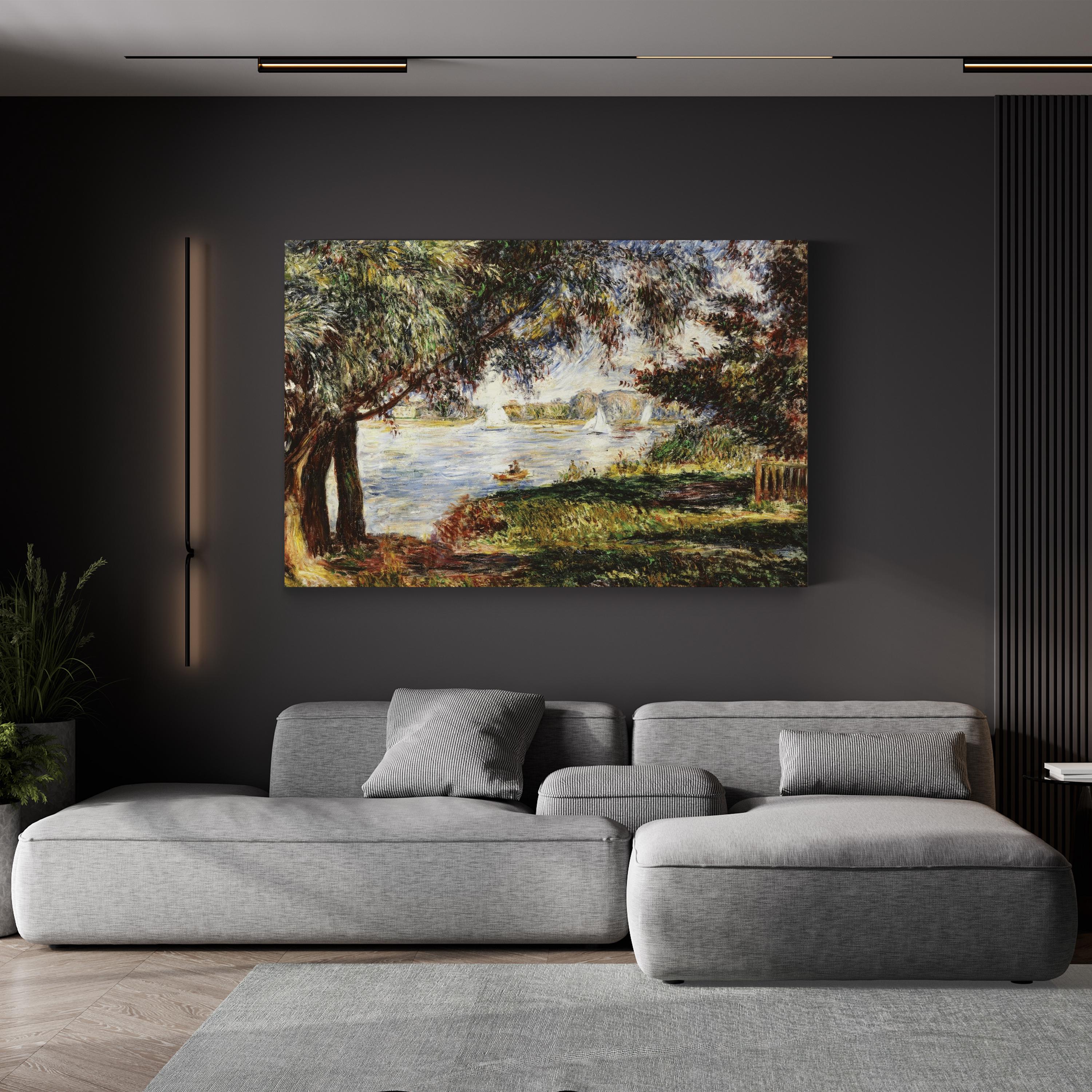 Modern living room with a gray sectional sofa and a large painting of a landscape on the wall.