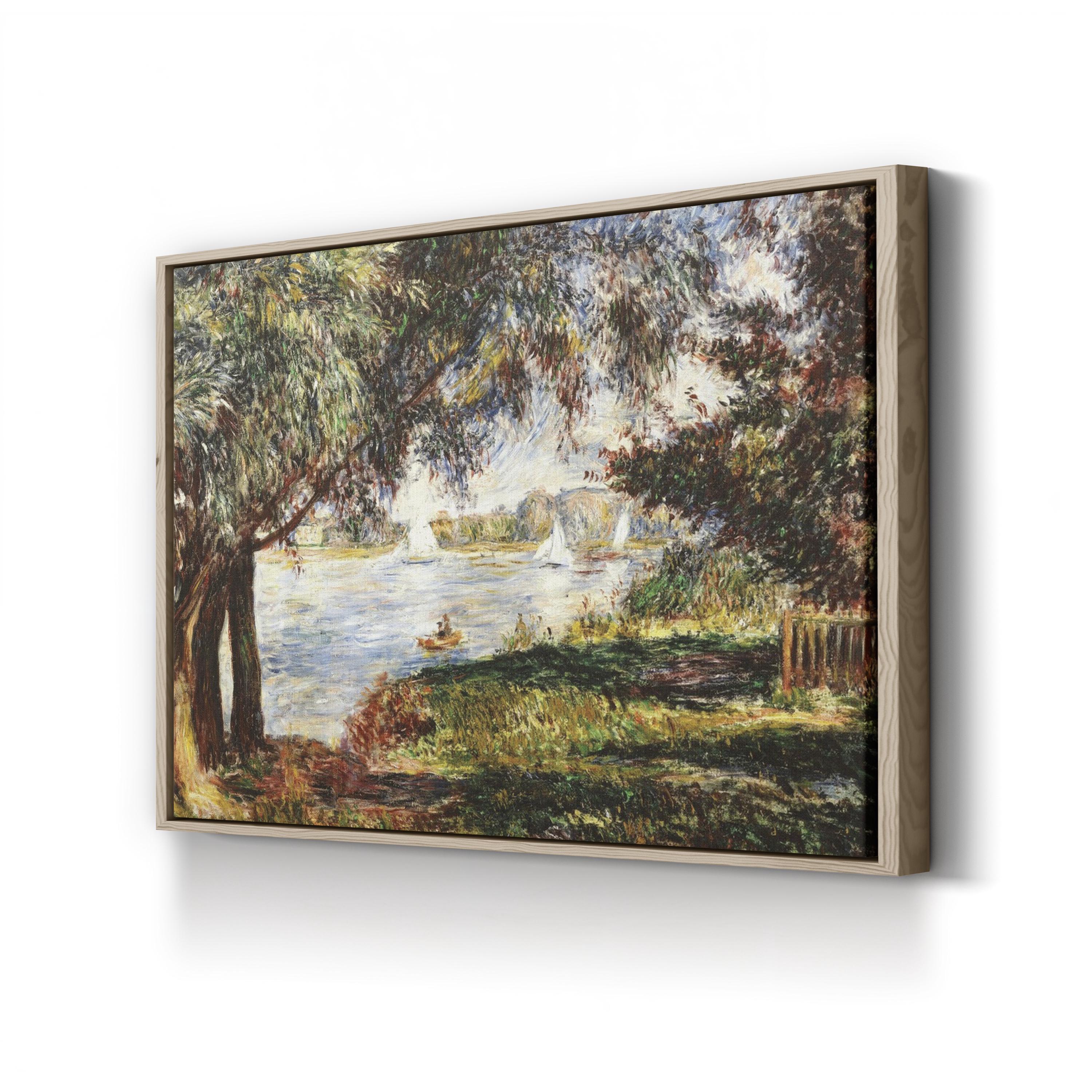 Framed painting of a landscape with trees and water on a white wall
