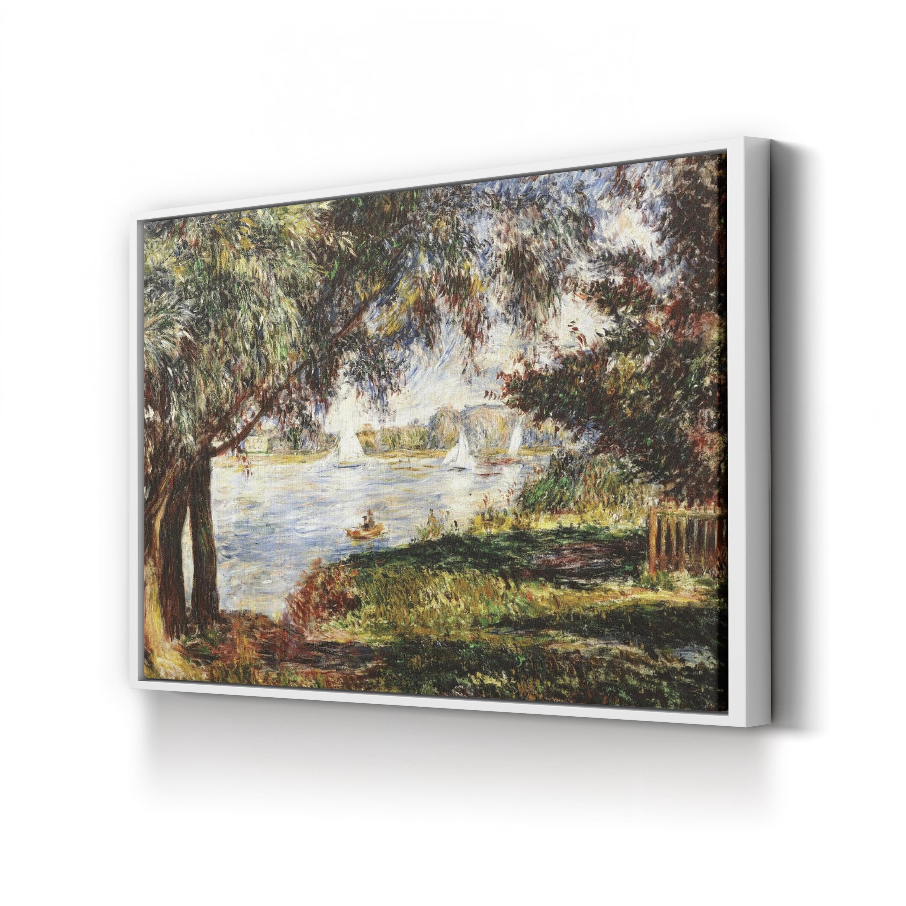 Framed painting of a landscape with trees and water on a white wall