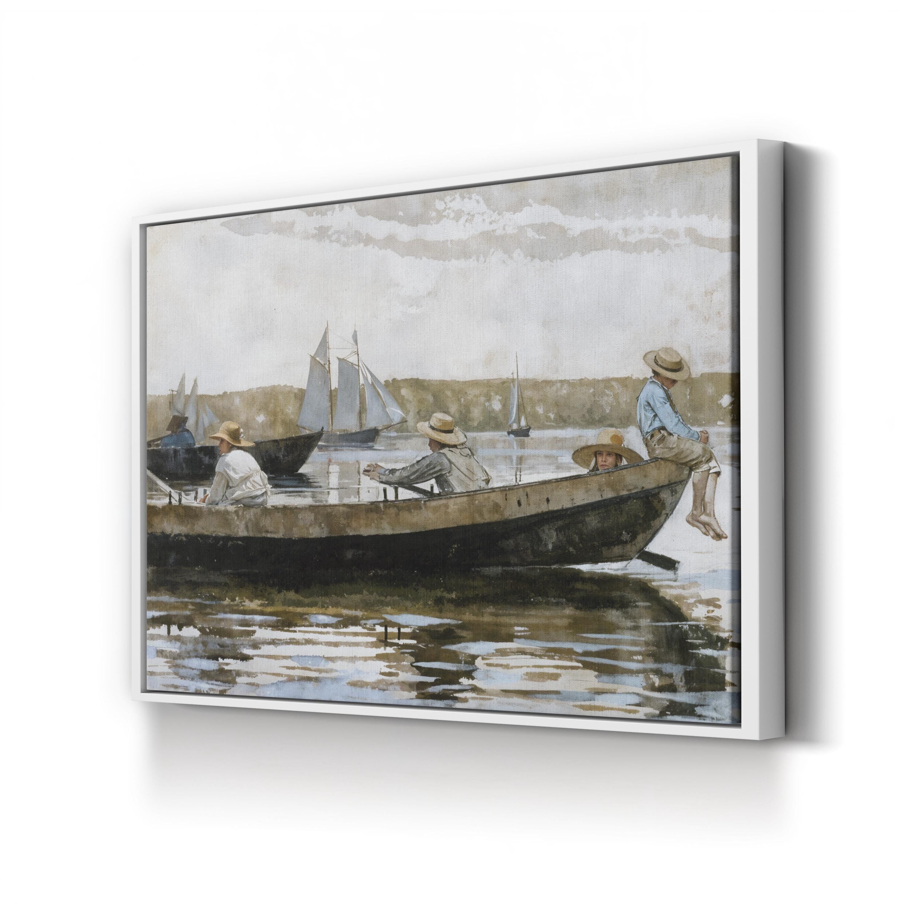 Warship at Sea in the Mist canvas print in White frame