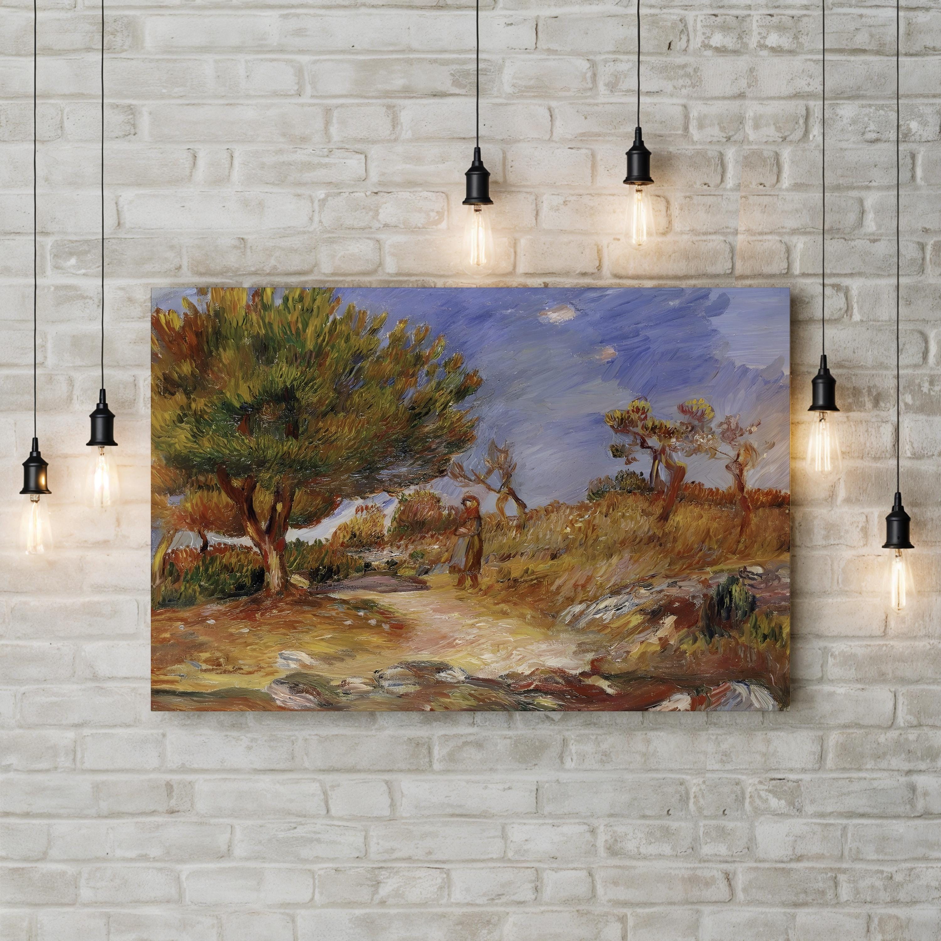 Girl on a Path by Pierre-Auguste Renoir bare canvas print displayed on a brick wall