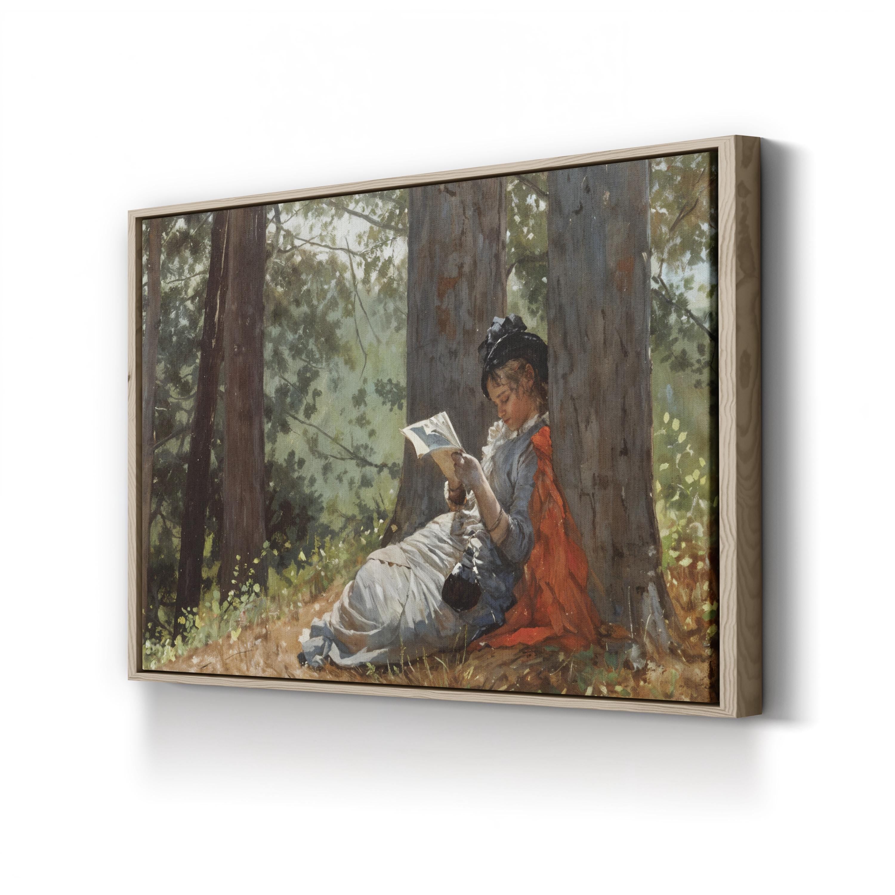 Girl Reading Under an Oak Tree, c. 1879 by Winslow Homer canvas print in an oak frame