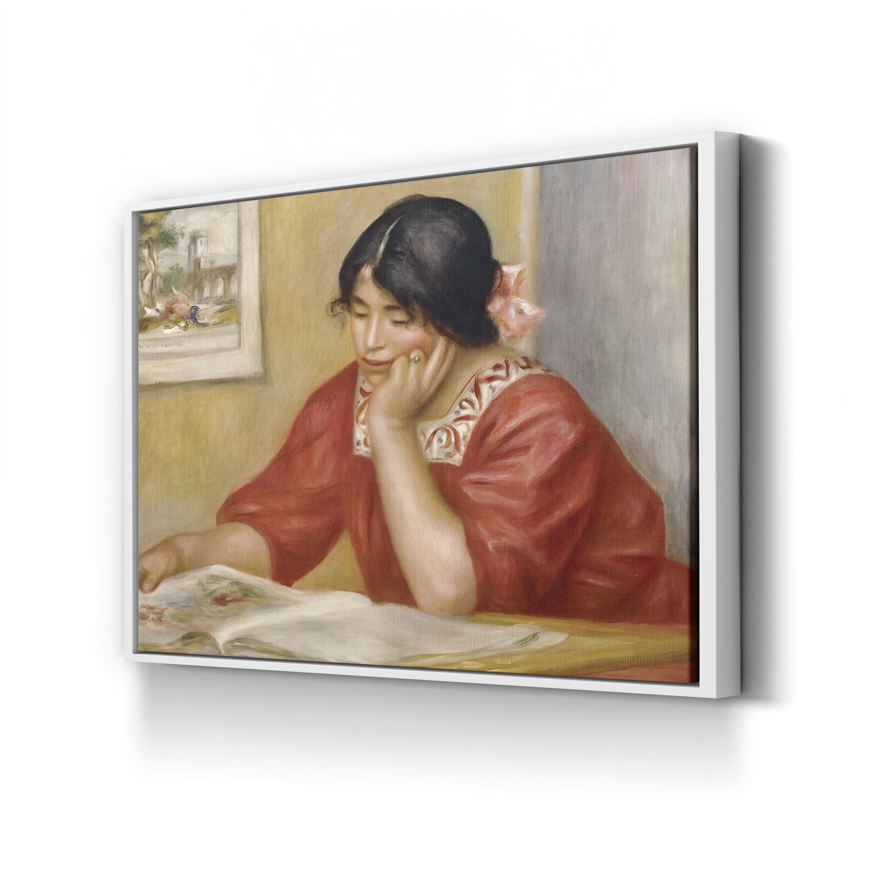 Léontine Reading, 1909 by Pierre-Auguste Renoir canvas print in white frame