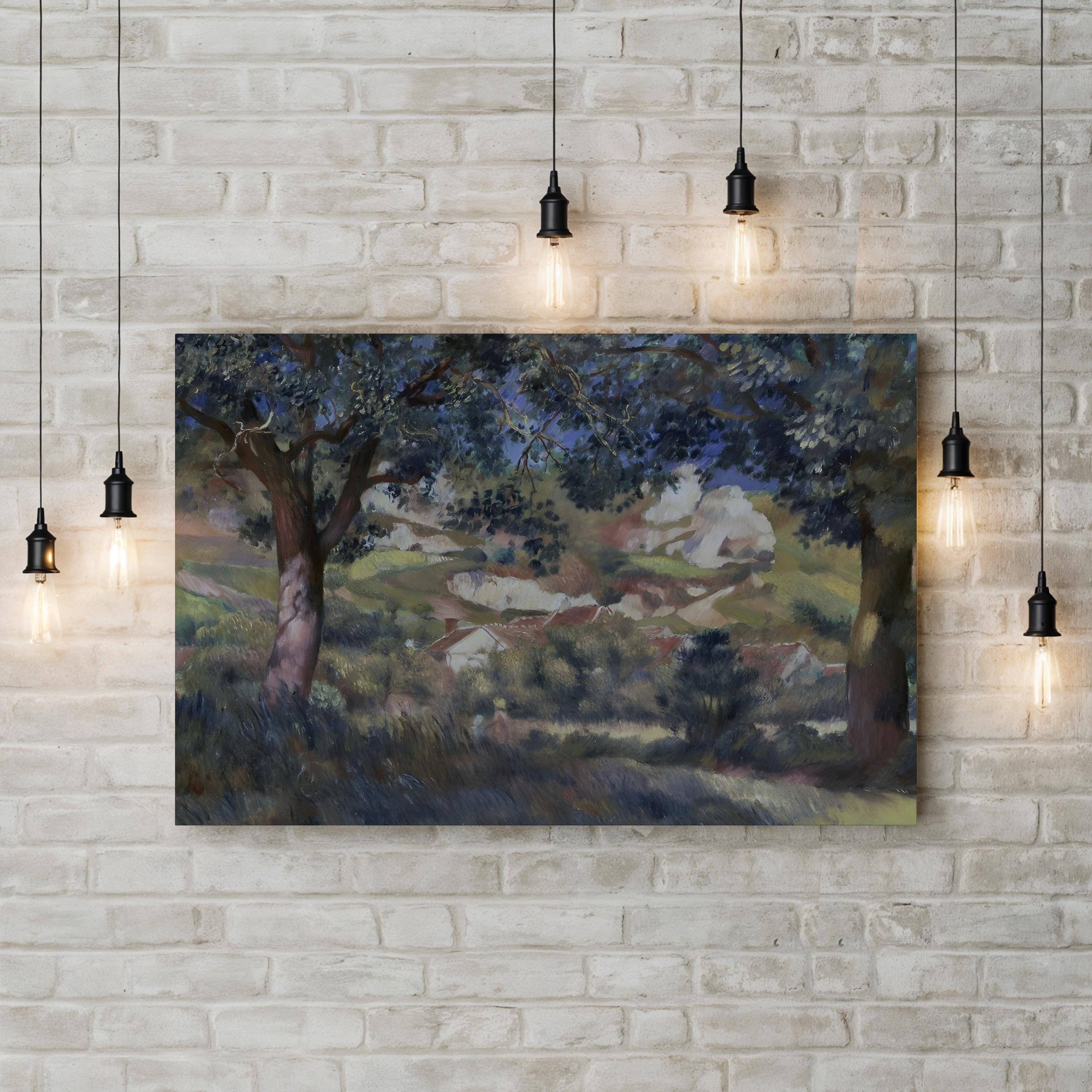 Landscape in La Roche-Guyon by Pierre-Auguste Renoir canvas print displayed on an exposed brick wall with pendant lights