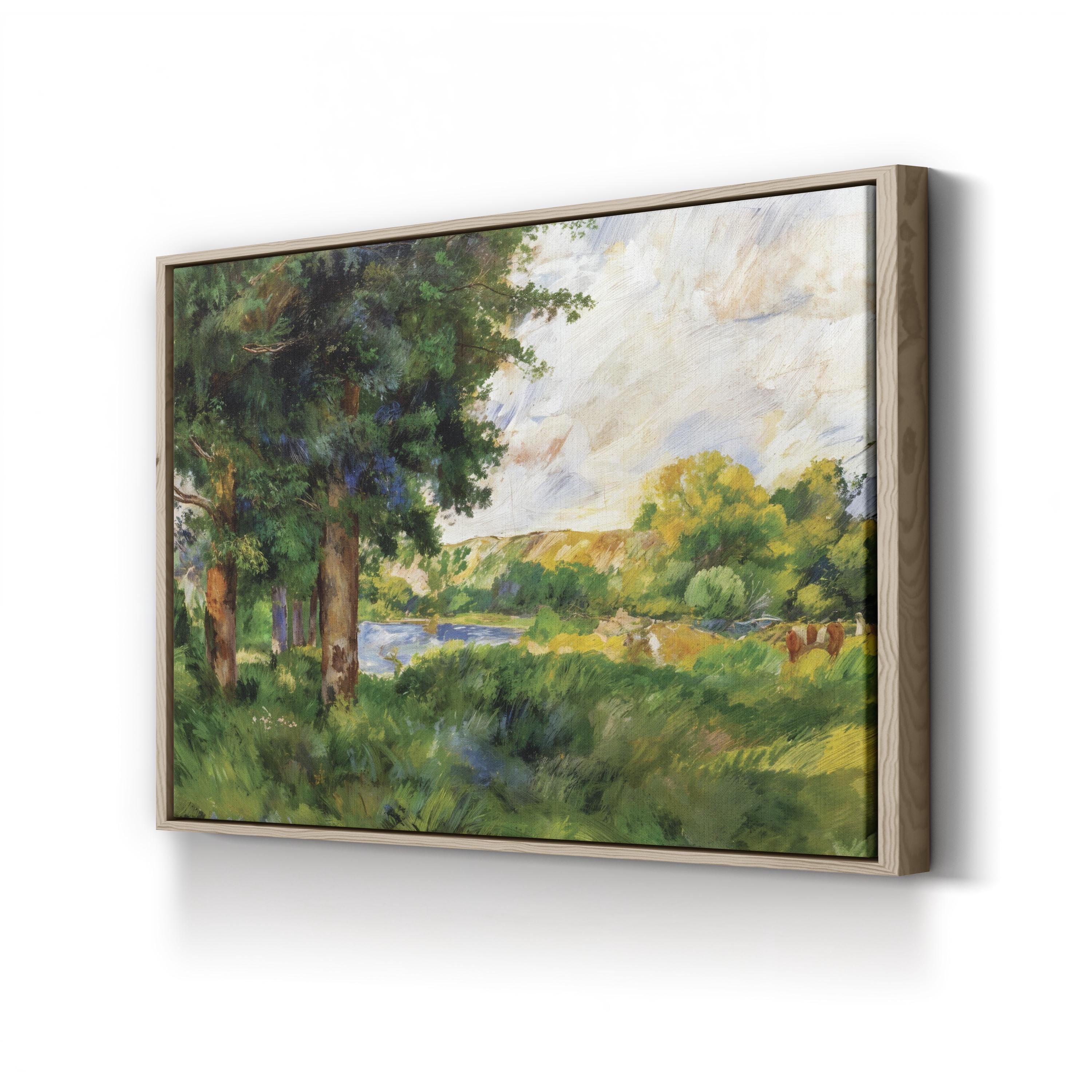 Scenic Landscape Canvas Wall Art – Classical Nature Painting with Hand-Cut Wood Frame