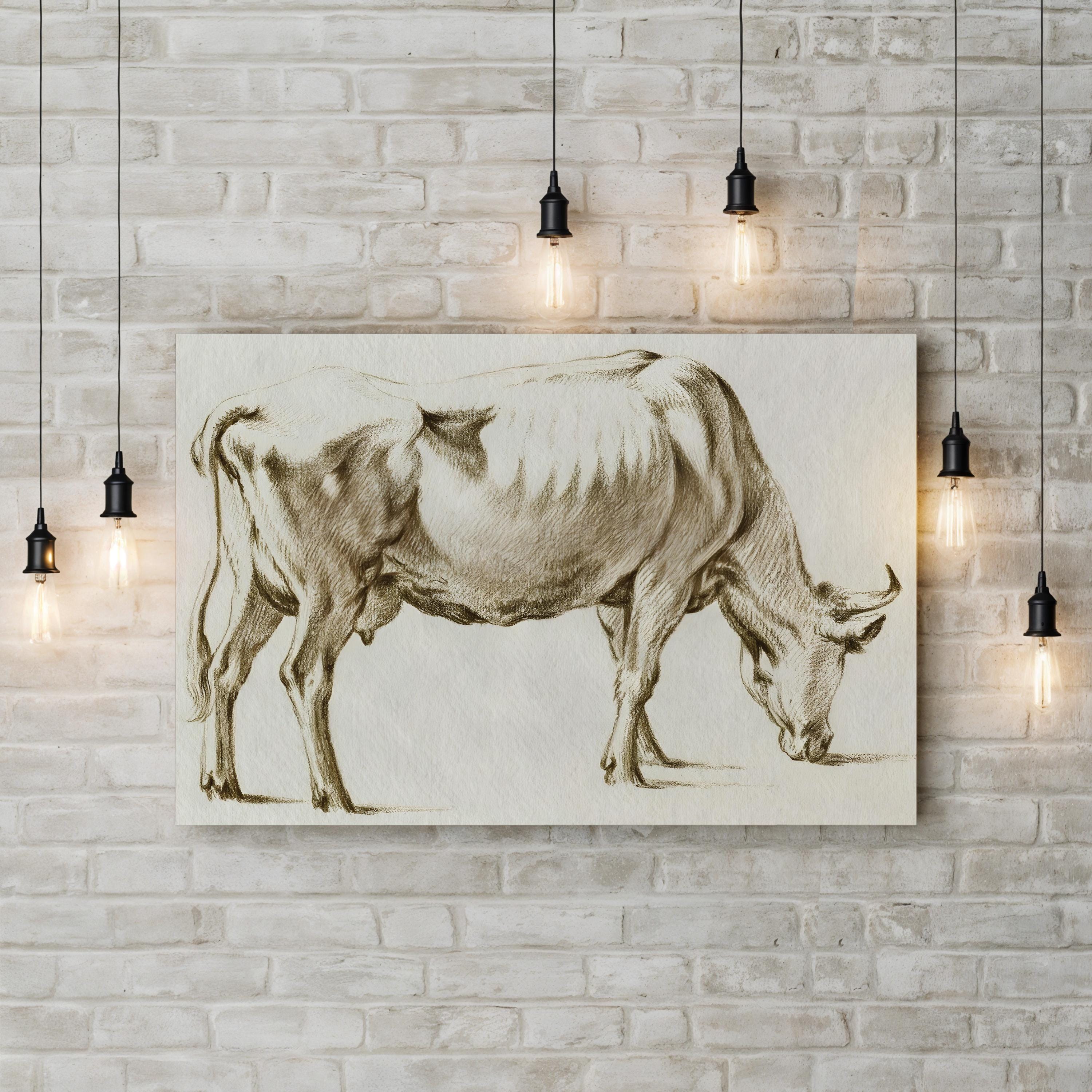 Sepia Grazing Cow Sketch I Wall Art by Jean Bernard – Vintage Farmhouse Animal Canvas