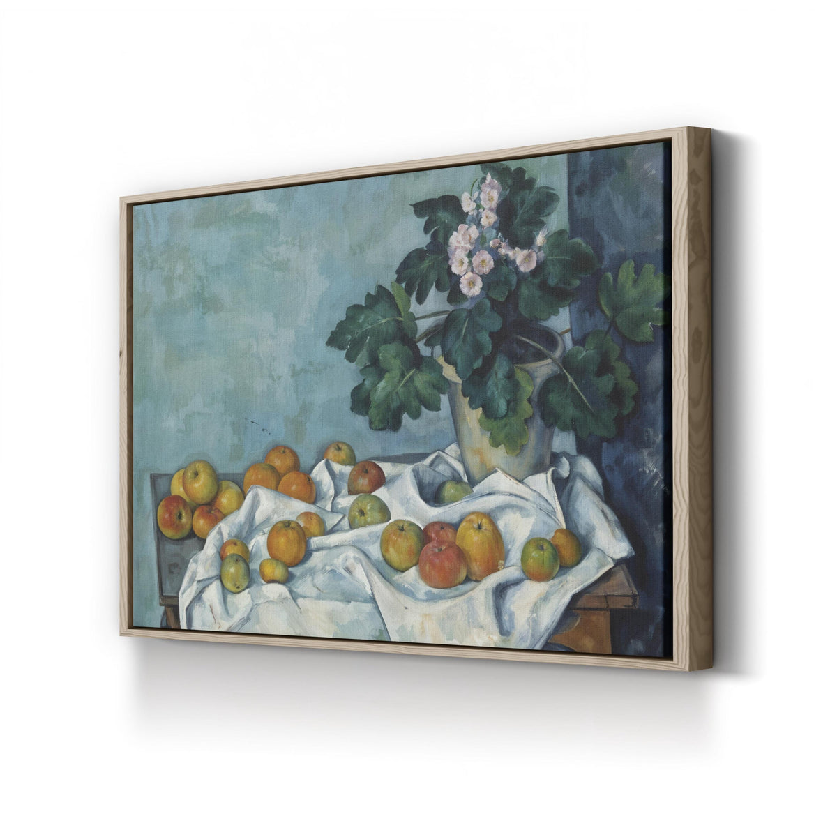 Still Life with Apples and a Pot of Primroses by Paul Cézanne canvas print in oak frame