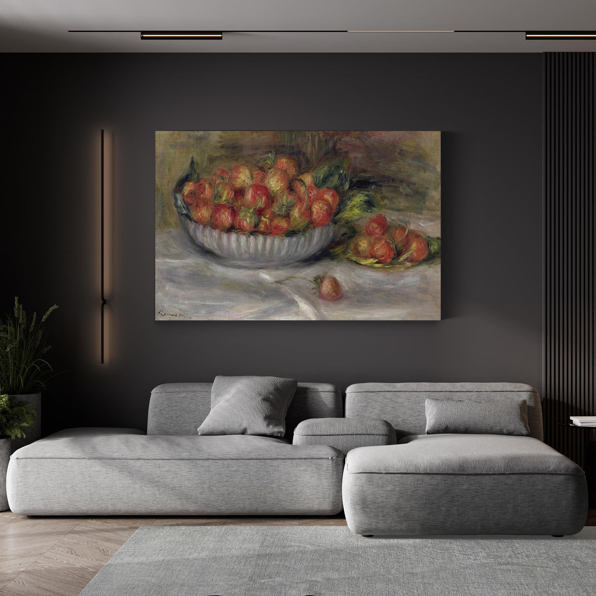 Still Life with Strawberries by Pierre-Auguste Renoir canvas print displayed above a gray sofa